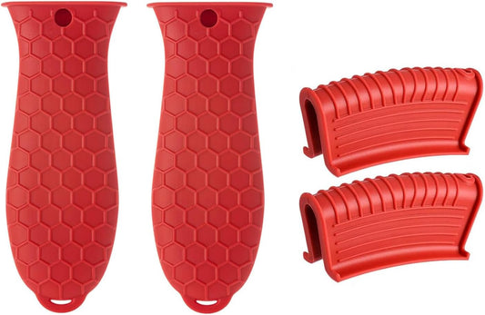 4 Pcs Non-Slip Silicone Hot Handle Holder & Assist Grips, Potholder for Cast Iron Skillets, Heat Resistant Handle Cover Sleeve for Frying Pans, Casserole, Cookware Handles, Red