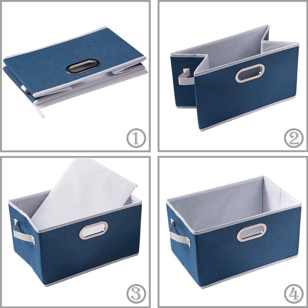PRANDOM Larger Collapsible Storage Bins for Closet [5-Pack] Decorative Linen Fabric Storage Baskets Cubes with Leather/Metal Handles for Living Room Royal Blue (17.3x12.2x10.4 Inch)