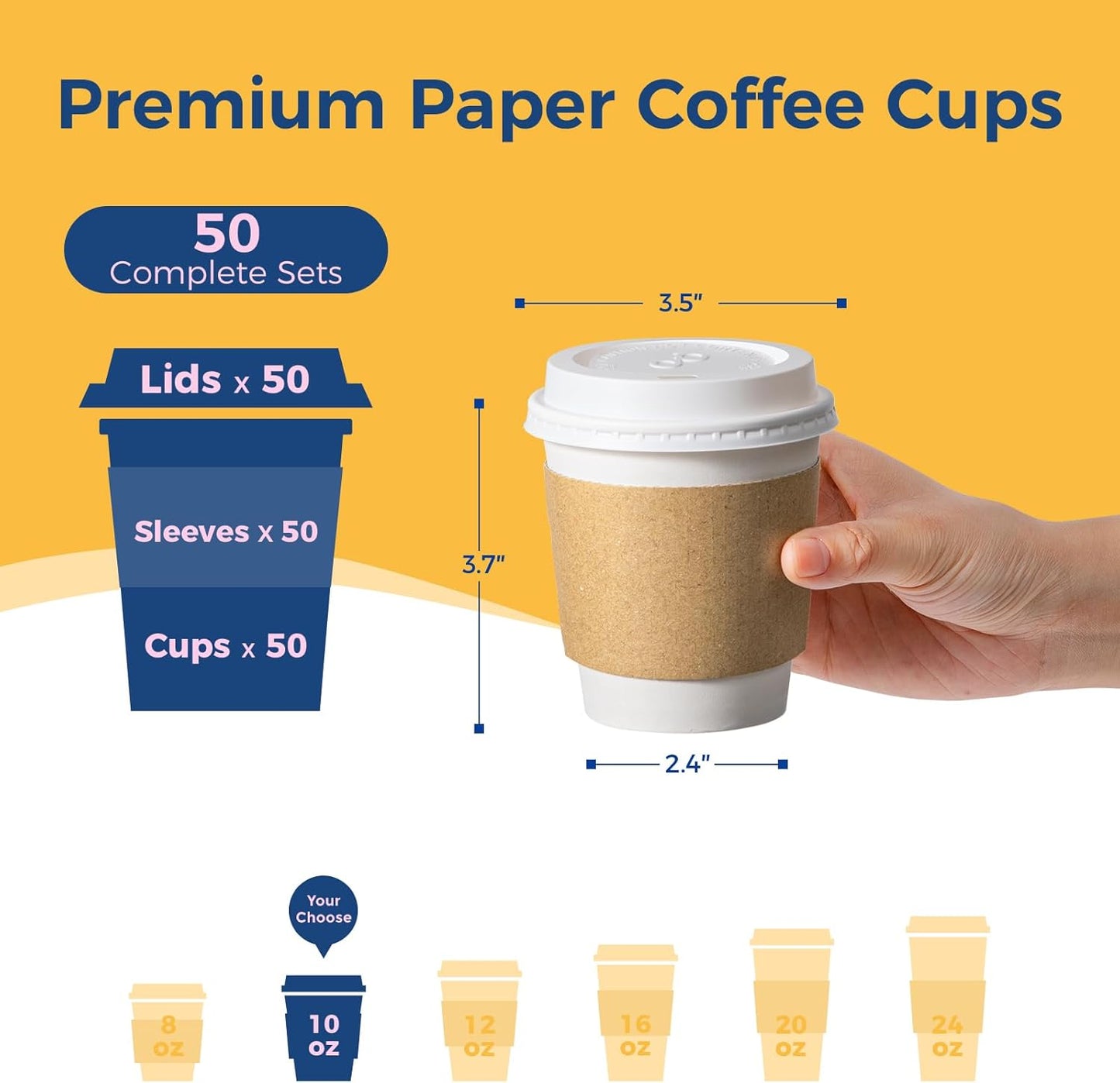 Fit Meal Prep 50 Pack 10 oz Disposable Coffee Cups with Lids, Sleeves, Leak-Proof To Go Coffee Cups with Lids, Durable Hot Paper Cups for Home, Office, Party, Business