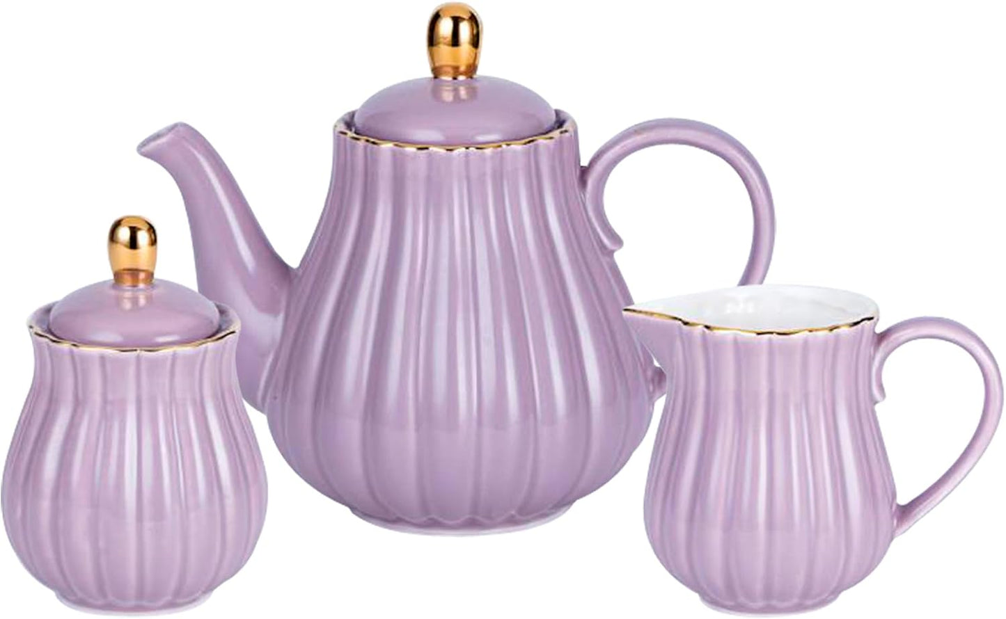 Jusalpha Fine China Pink Teapot and Creamer Sugar Bowl Set, TW (Purple)