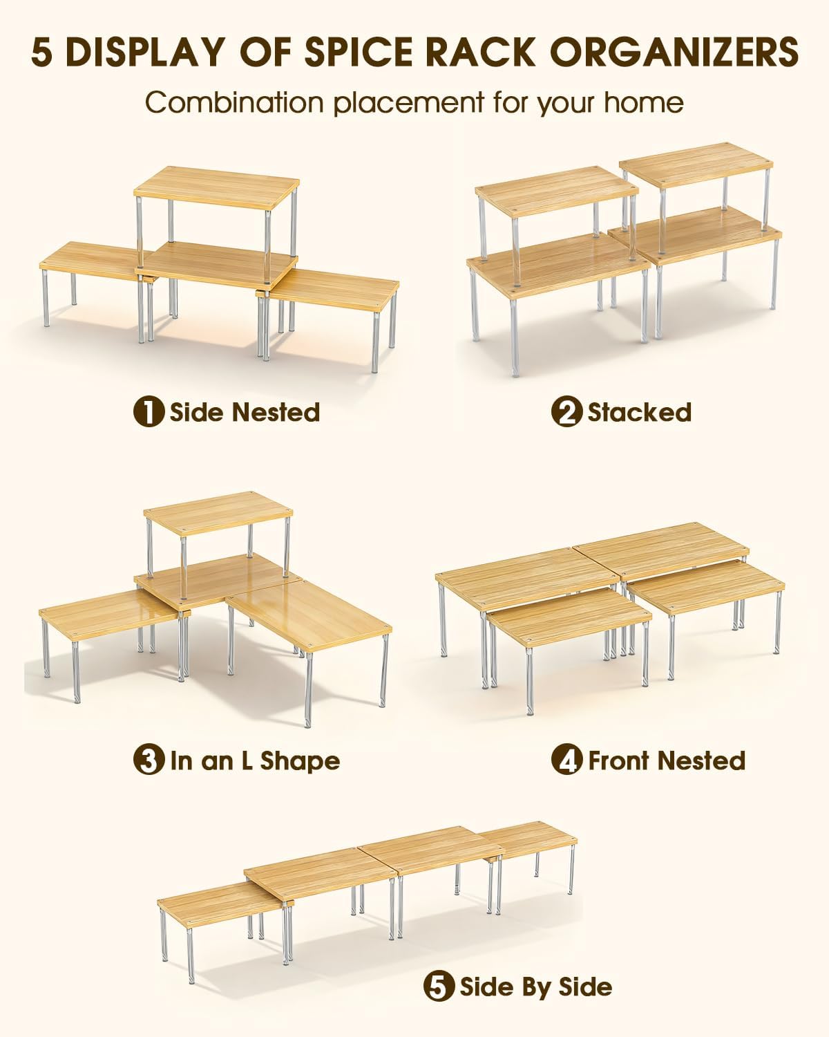 Jolitac Cabinet Organizer Shelf - Set of 4 Clear Acrylic Spice Rack, Stackable Pantry Storage Shelves for Kitchen Counter, Bathroom, Desk - Multi-Purpose Bamboo Space Saving Shelves, Easy Assembly