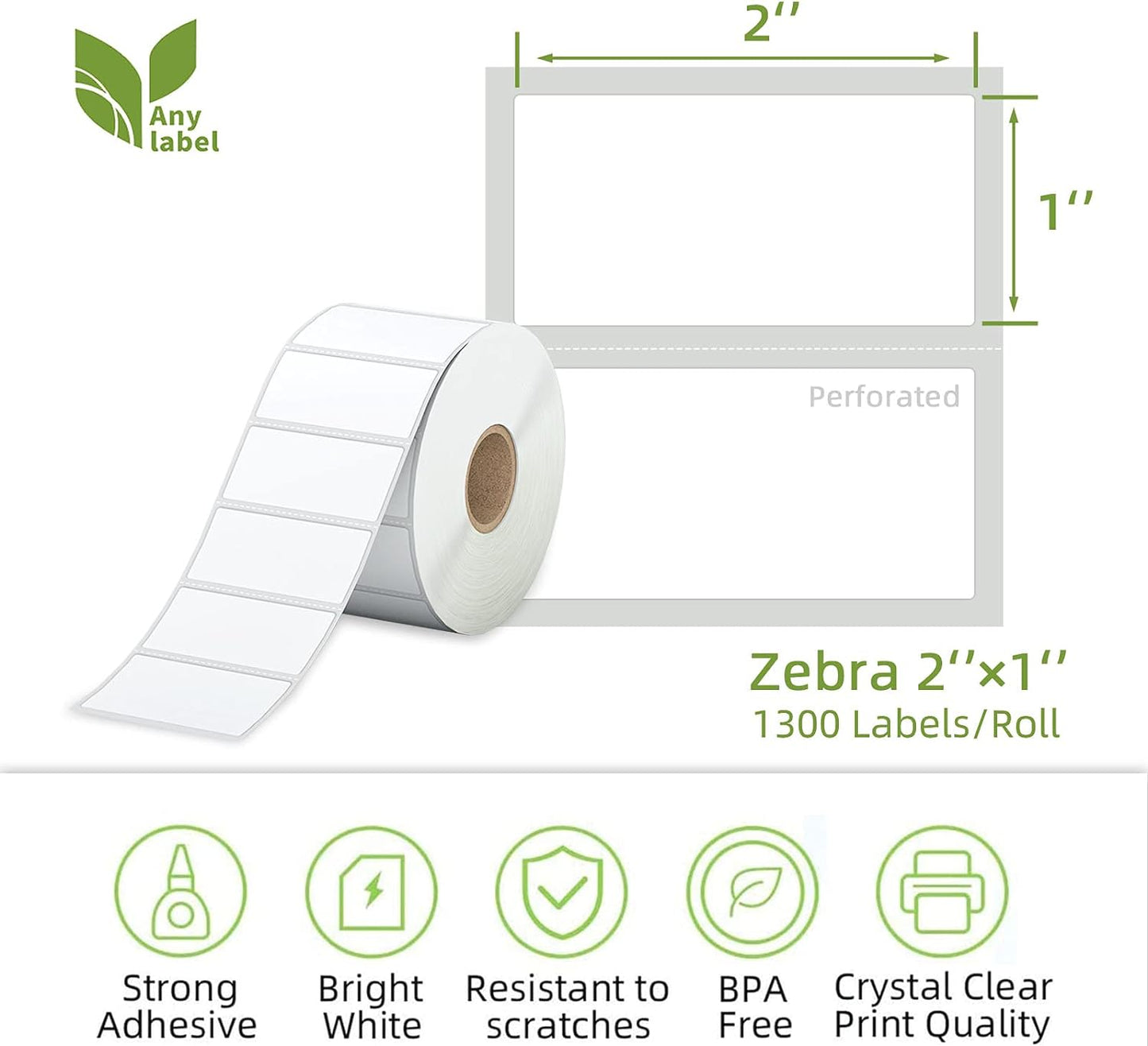2" x 1" Direct Thermal Label, Paper for Barcodes Postage Address Perforated & Compatible with Rollo, Zebra, Munbyn, Nelko Printers(12 Rolls, 1300 Labels/Roll)