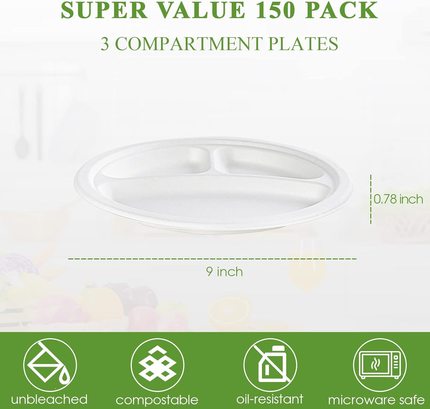 Vplus 100% Compostable Paper Plates, 150 Pack 9 Inch 3 Compartment Plates Disposable, Heavy Duty Biodegradable Plates Made of Sugar Cane Fibers, for Daily meals, Dinner, Parties, BBQ