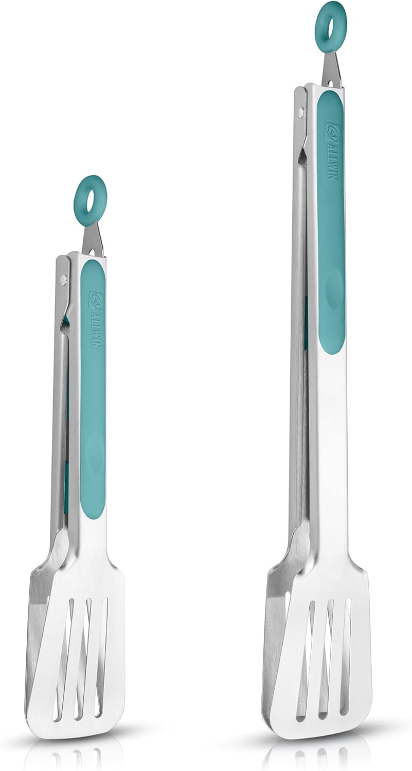 Premium 304 Stainless Steel Barbecue Turners, Heavy Duty Non-Stick BBQ Cooking Kitchen Tongs, 9" and 12" Aqua Sky
