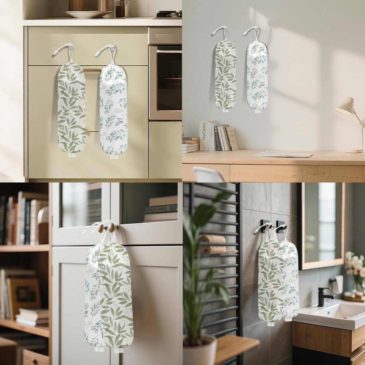 2Pcs Eucalyptus Leaves Plastic Bag Holder, Wall Mount Grocery Bag Holder for Plastic Bags, Boho Greenery Reusable Grocery Bags Storage Dispenser, Farmhouse Sweet Home Kitchen Decor