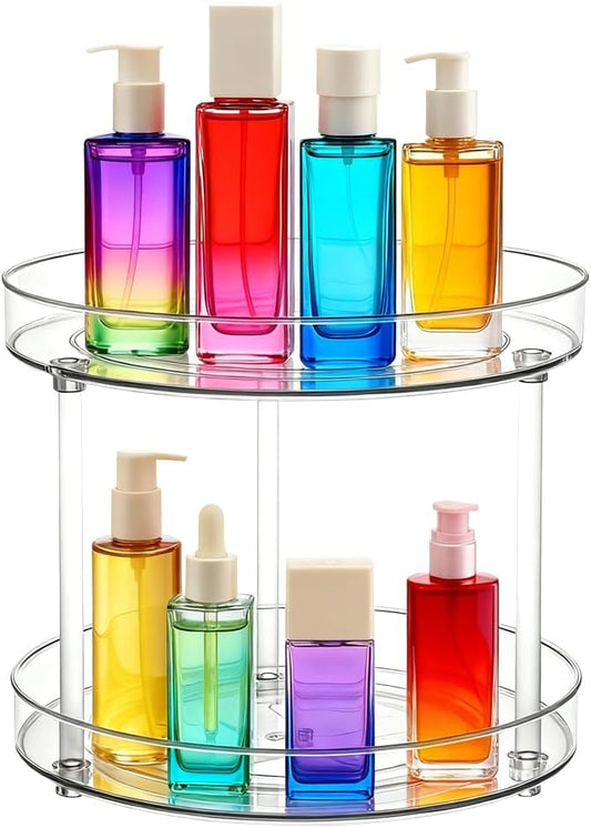 2 Tier 9.25Inch Clear Lazy Susan Organizer for Fridge and Cabinet, 360°Rotating Makeup Organizer, Cosmetic Display Cases, Under Sink Turntable Organizer for Kitchen Bathroom Dorm
