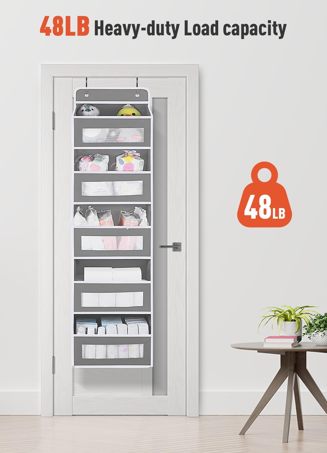 2 Pack Over The Door Organizer Storage, 5 Shelf Hanging Door Organizer with 10 Large Capacity Pockets, Anti Tilt 44 lb Load Behind Door Storage for Bedroom, Bathroom, Pantry, Nursery, (Grey)