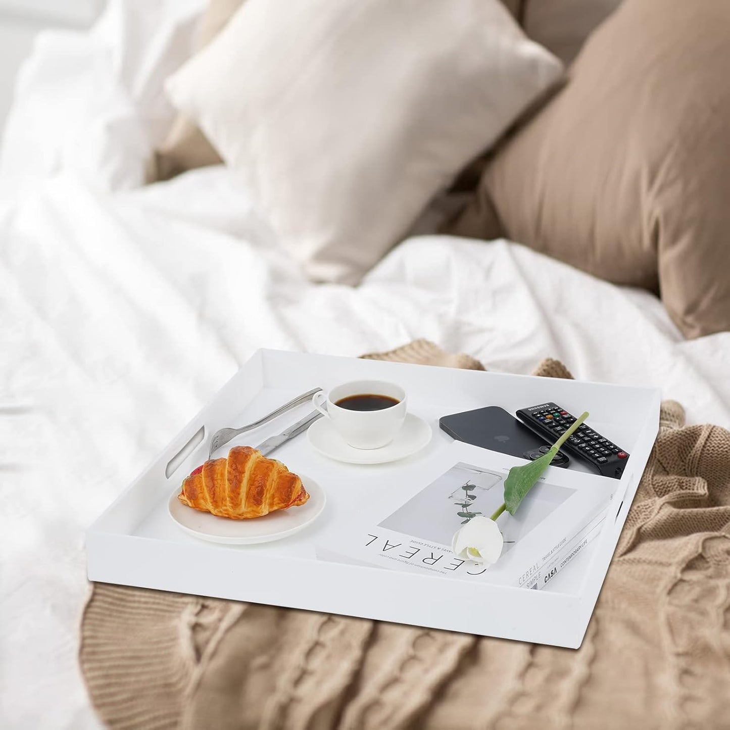 18×18 Inches Glossy White Acrylic Serving Tray with Handles Extra Large Ottoman Tray Decorative Trays Spill-Proof Coffee Table Space Saver Oversize Counter top Organizer Platter with Safe Edge