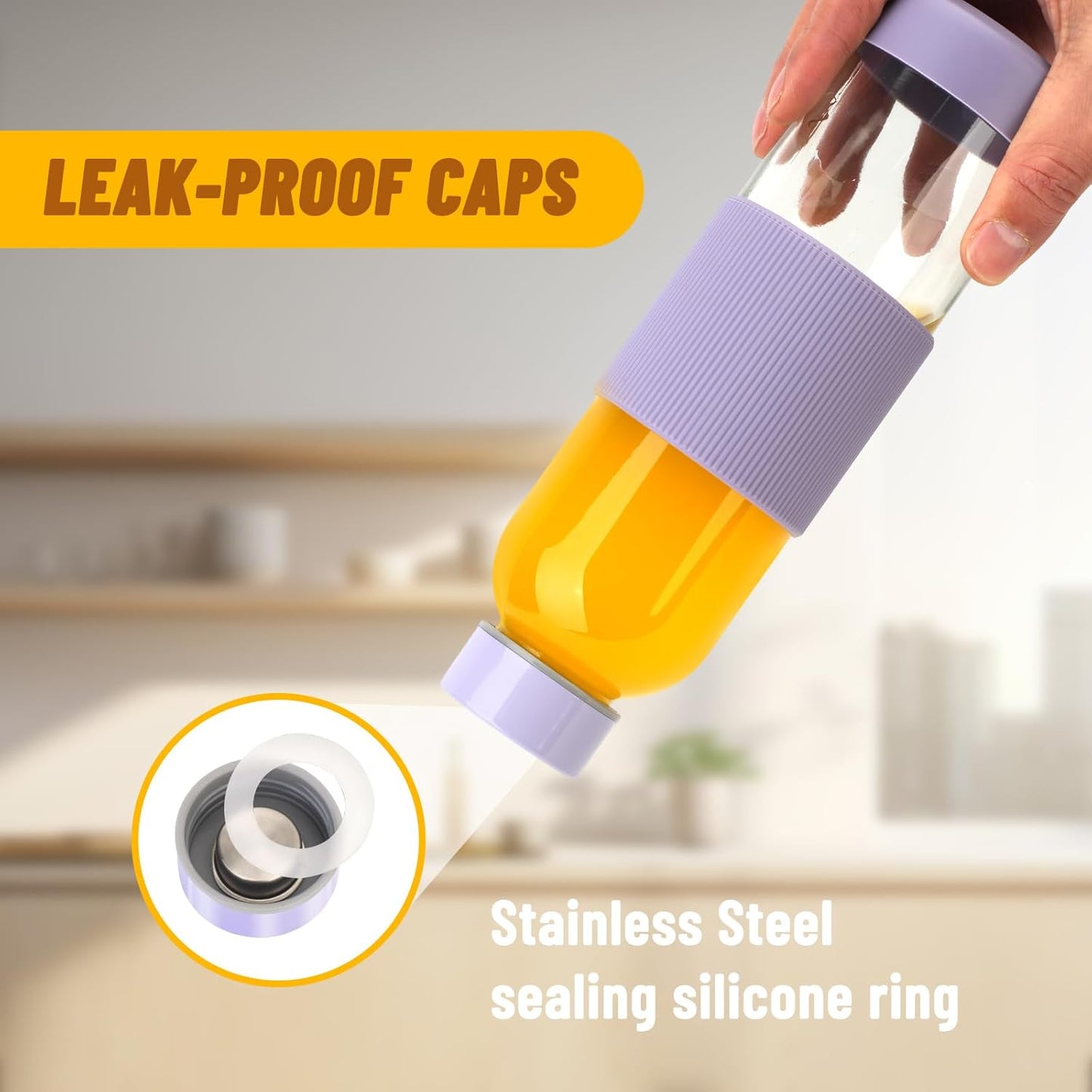 18 oz Clear Glass Juice Bottles with Lids and Silicone Sleeve, Reusable Glass Water Bottles with Stainless Steel Cap for Juicing, Refrigerator,100% Leak Proof, BPA Free, Set of 6