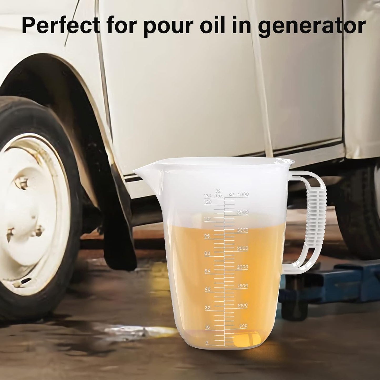 1 Gallon Measuring Pitcher, 134oz Extra Large Measure Pitcher-Convenient Conversion Chart-Strong Handle, Heat Resistant Plastic 1 Gallon Measuring Container for Pool Chemicals,Motor Oil, Lawn and Cook