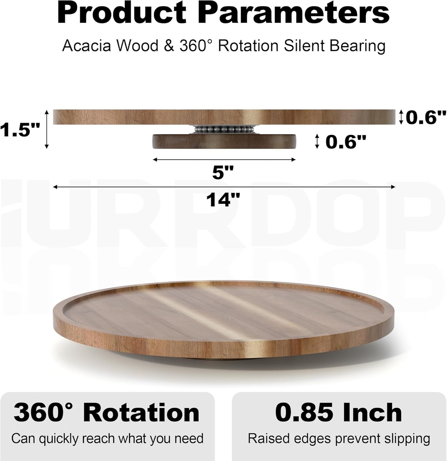 14 inch Wooden Lazy Susan Turntable, Acacia Wood Spinning Organizer for Dining Table, Cabinet, Fridge, countertop, Pantry