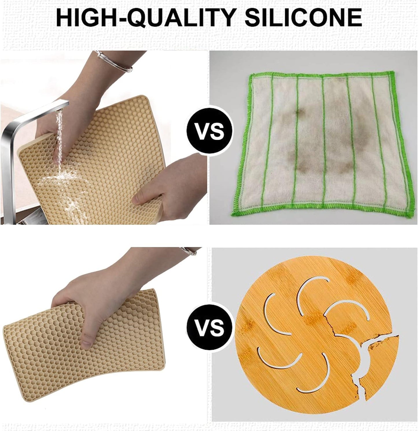 4 Pack Silicone Trivets for Hot Pots and Pans, Pot Holders Hot Pads, Non-Slip & Heat Resistant Silicone Mats for Kitchen Counter, Soft Durable Drying Mat, Jar Opener and Coasters (Beige)