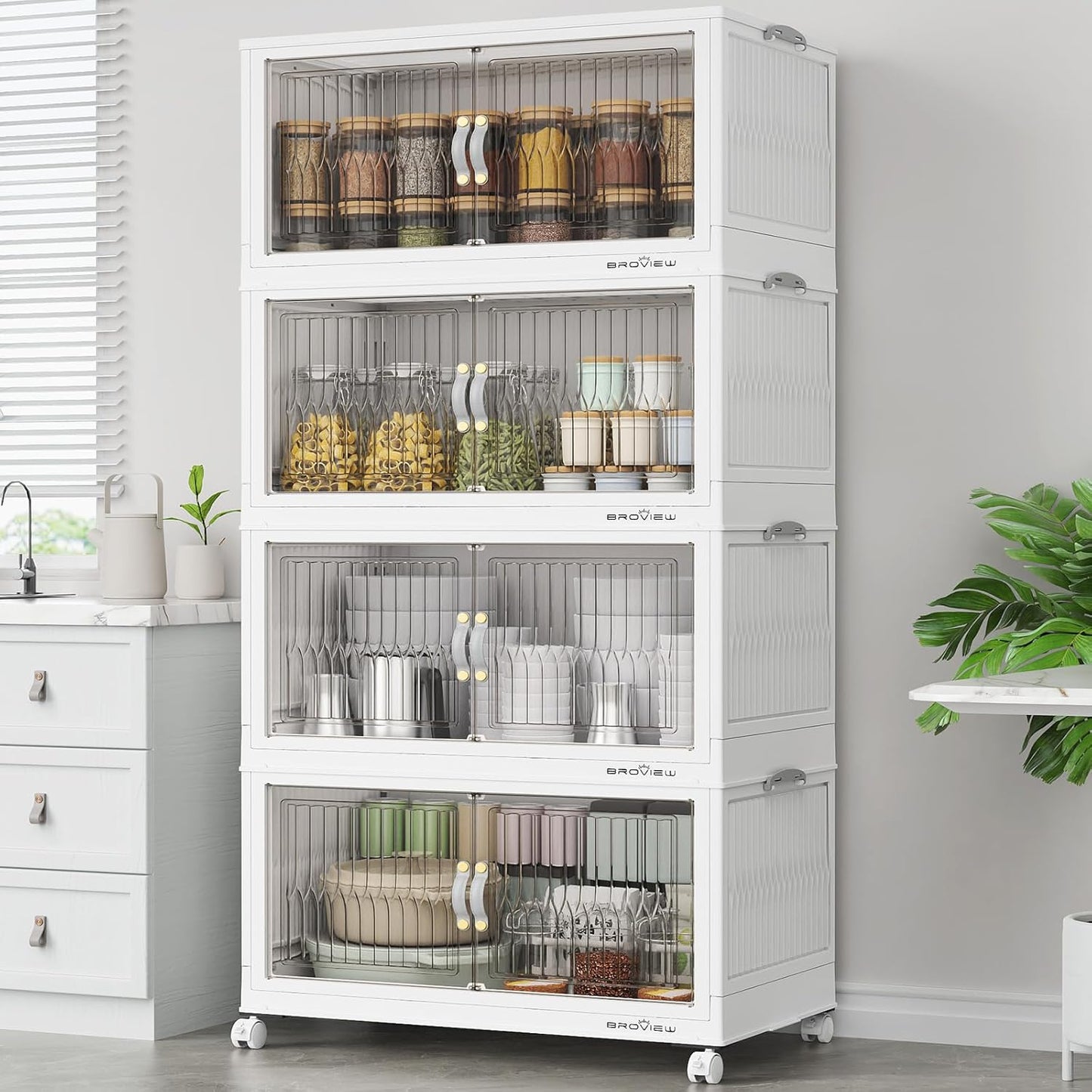 400Qt Stackable Storage Bins with Lid, Extra Large Closet Organizer Collapsible Drawer Boxes with Wheels, Folding Plastic Cabinet Containers for Home Kitchen Room Organization, 4Pack White