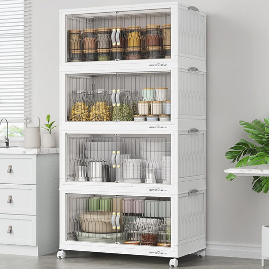 400Qt Stackable Storage Bins with Lid, Extra Large Closet Organizer Collapsible Drawer Boxes with Wheels, Folding Plastic Cabinet Containers for Home Kitchen Room Organization, 4Pack White