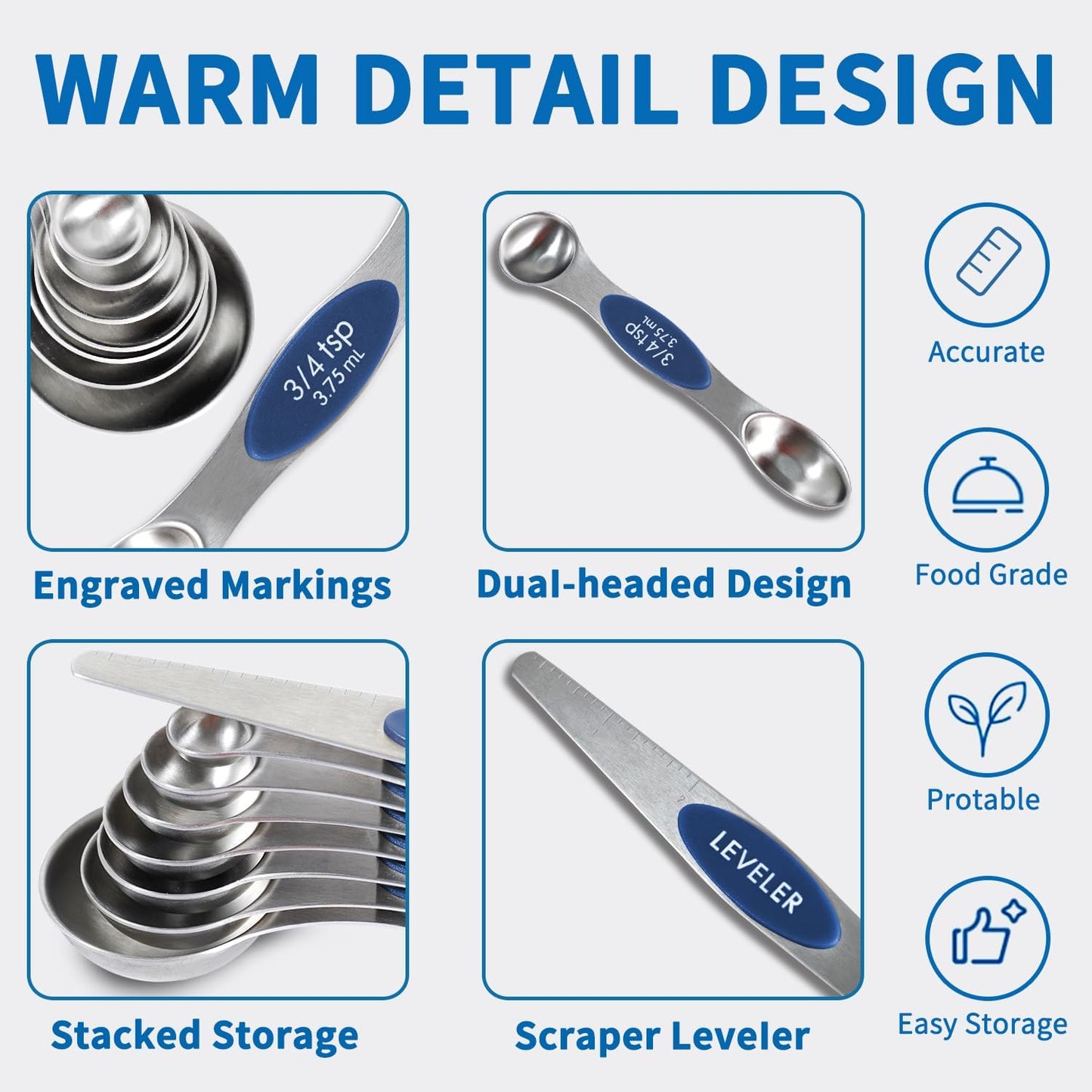 18 Pieces Measuring Cups and Spoons set, Includes 10 Stackable Measuring Cup with Lid and 9 Magnetic Measuring Spoons for Liquid and Dry, BPA Free, Dishwasher Safe (Sapphire)
