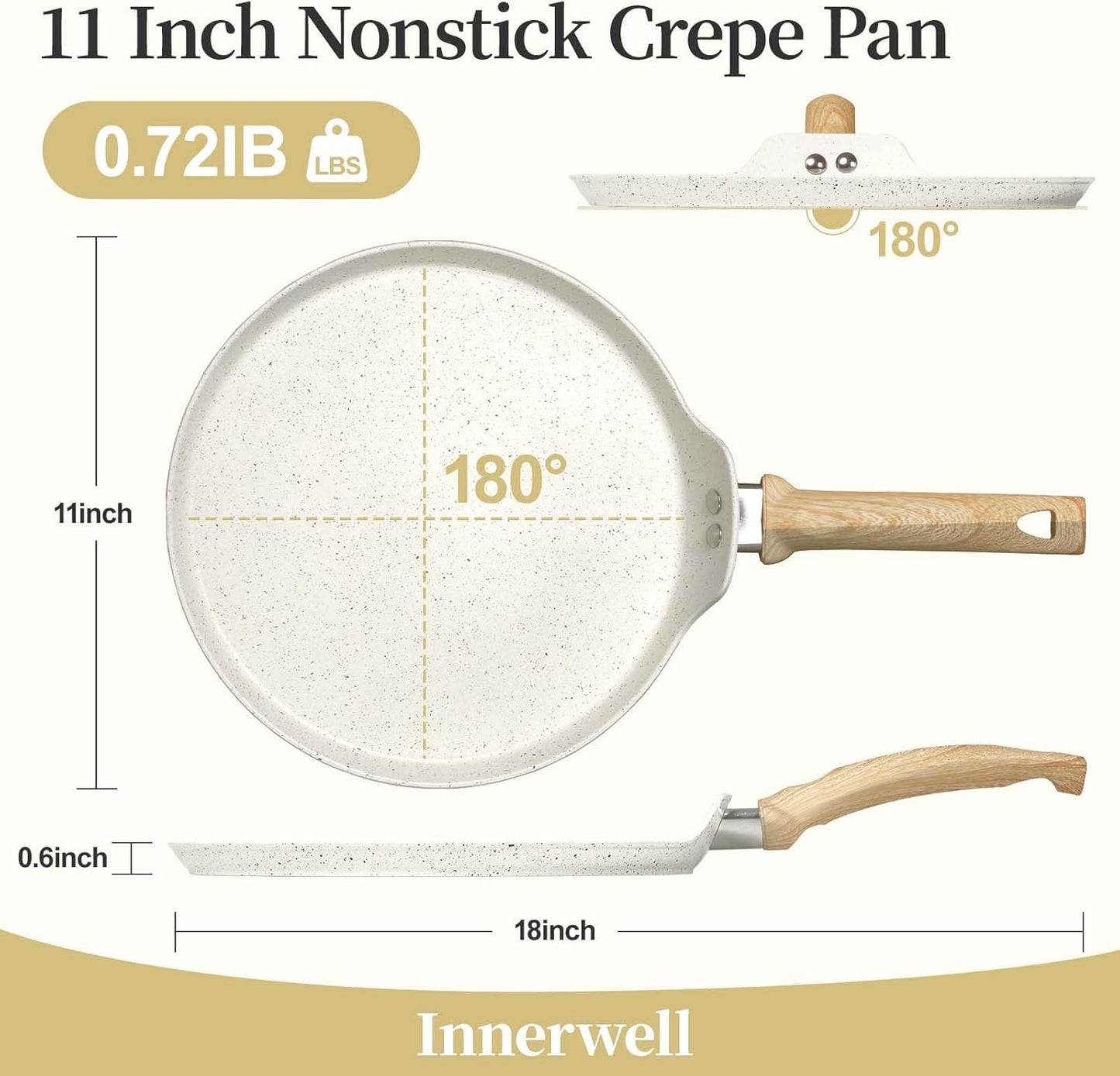 11 inch Nonstick Crepe Pan, Granite Coating Flat Skillet Dosa Tawa Tortilla Pan, White Large Pancake Griddle Comal Pan, Compatible with All Stovetops, PFOA Free