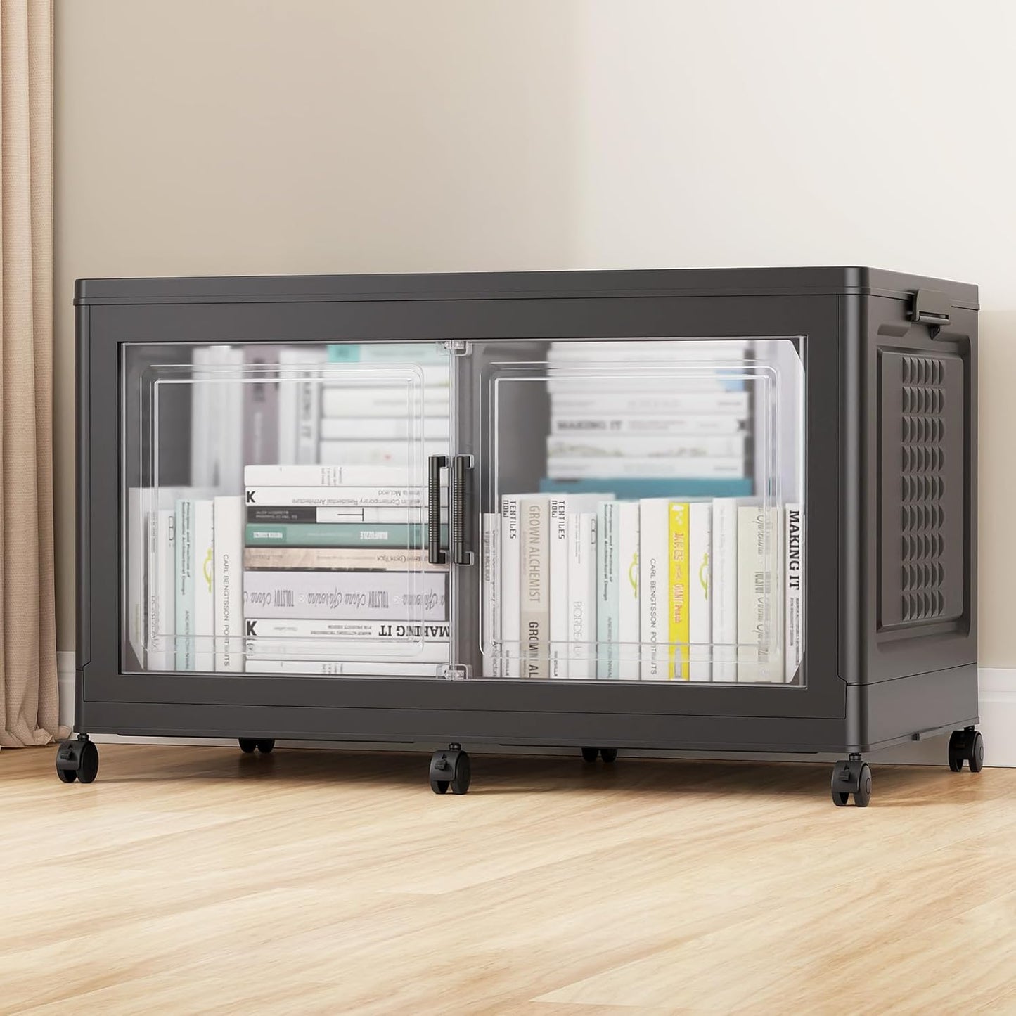 19.5" H 50Gal Plastic Storage Bin with Lid & Wheels,1Pack Extra Large Stackable Storage Bin with Divider,Closet Organizers and Storage Cabinet Shelves Collapsible Box for Home Kitchen,Black