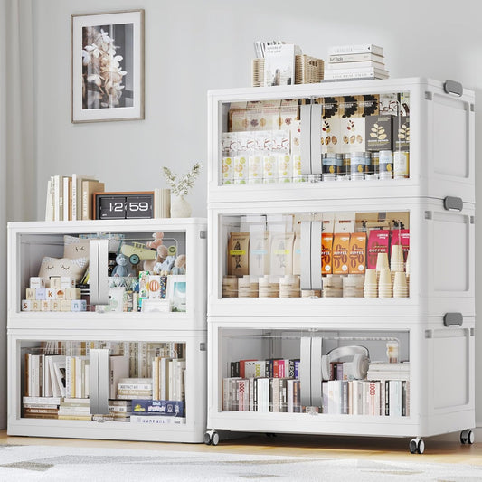 800QT Stackable Storage Bins with Lids, 200Gal Extra Large Collapsible Storage Box with Wheel, Plastic Storages with Clear Door Open Front for Home Bedroom Garage, White-5pack(5 lids)