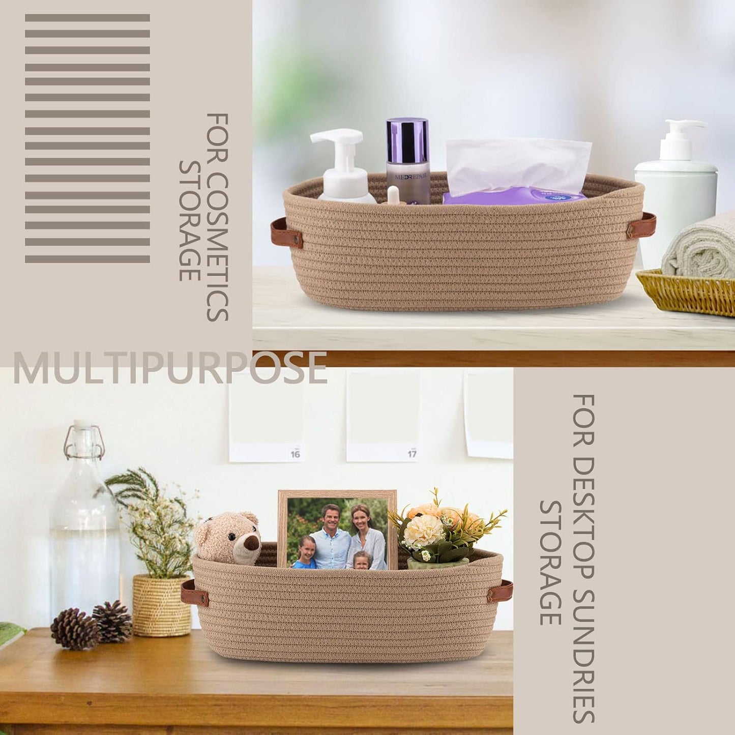 Storage Basket Boho Decor Baskets for Organizing Woven Decorative Basket for Countertop Toilet Paper Basket for Toilet Tank Top Shelf Basket with Handle Khaki