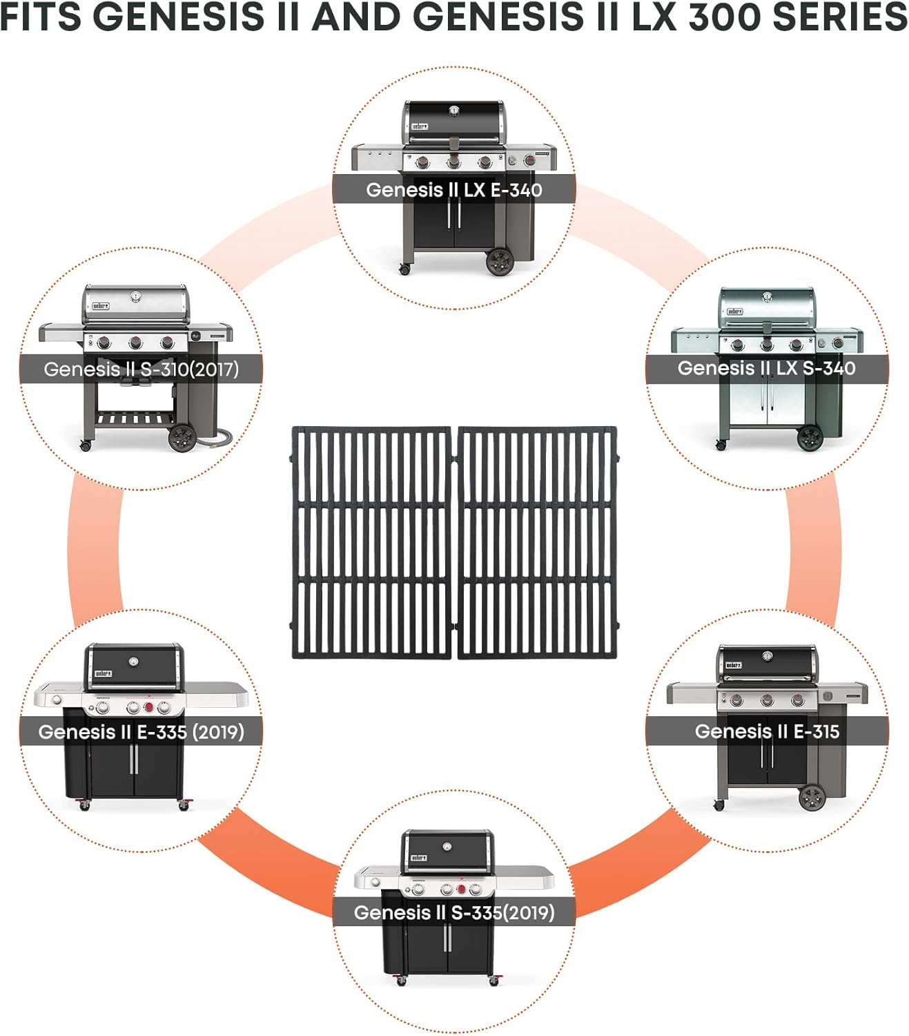 Stanbroil Cast Iron Cooking Grate for Weber Genesis II and Genesis II LX 300 Series Gas Grills - Grill Grid Grate for Weber Genesis 2022 - Replacement Parts for Weber 66095, Set of 2