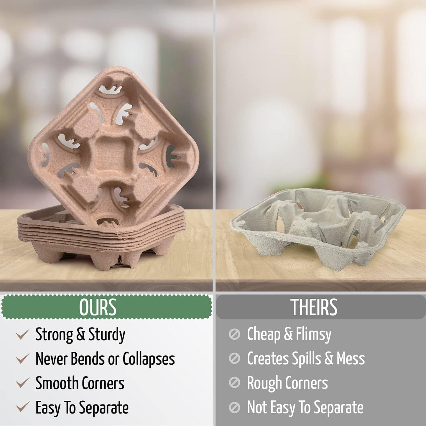 4 Cup Carrier Tray (50-Pack), No-Spill, No-Mess Disposable Holder, Biodegradable, Eco-Friendly for Delivery of Hot or Cold Drinks, Ideal To Go Carrier for Car Food Delivery