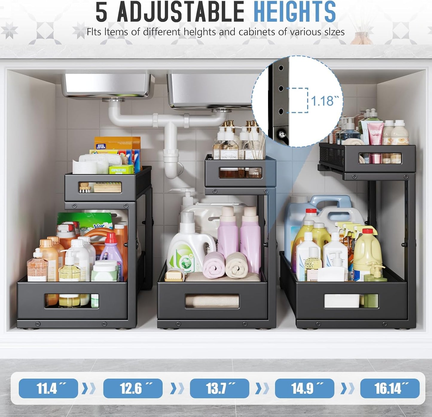 2 Pack 19IN Depth Under Sink Storage Organizer, Large 2-Tier Elegant Mesh Pull Out Shelf for Kitchen and Bathroom Cabinet Organization, L-Shaped and Adjustable Height Design-Black