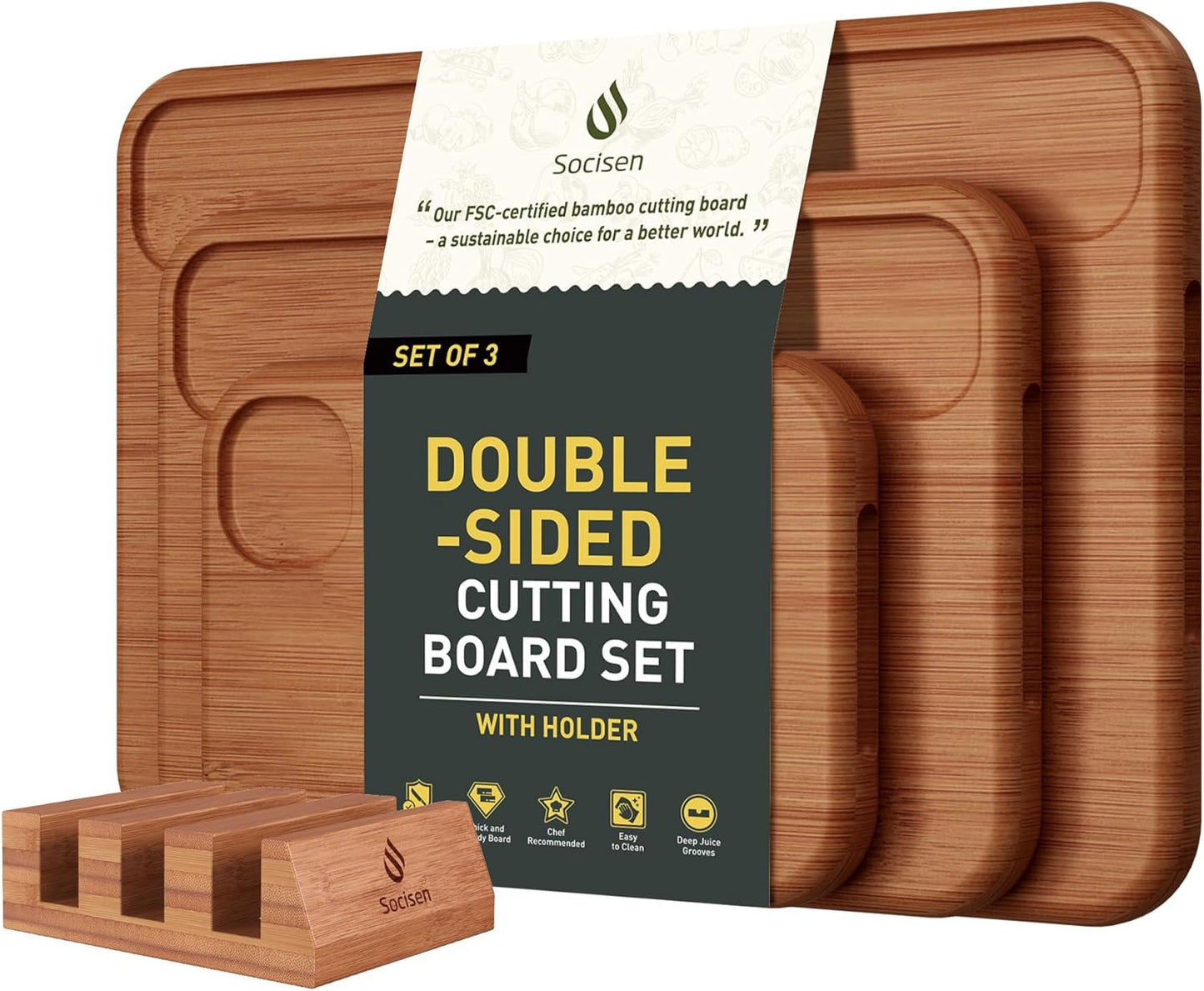 3 Packs Bamboo Cutting Board Set with Holder Nice Solid Thick Wood Deep Juice Groove & Built-in Handles Chopping Board Large Big Small Best Hardwood Kitchen Counter Organic Vegetable Meat BBQ Kit