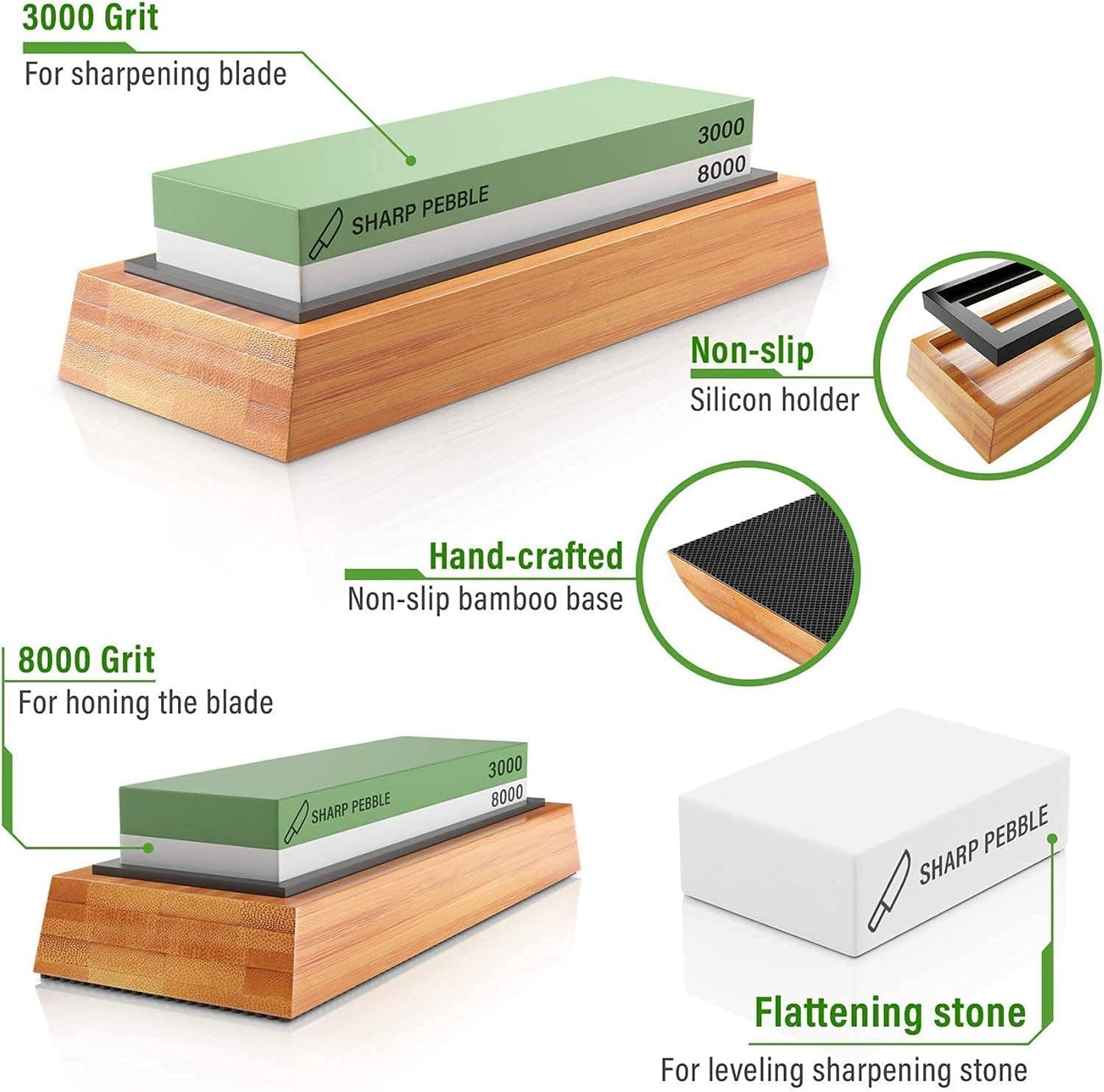 Sharp Pebble Knife Sharpening Stones Kit with 1000/6000 and 3000/8000 Grit with Flattening Stone & Angle Guide