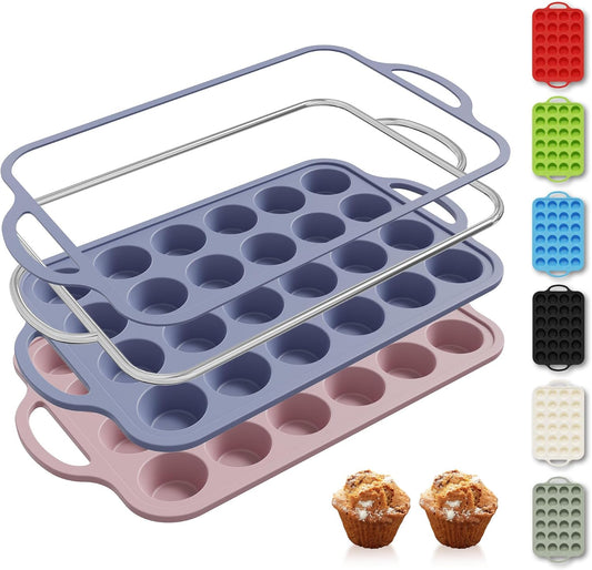 2 Packs 24 Cups Silicone Muffin Pan with Metal Reinforced Frame Mini Size Cupcake Pan Tray Egg Bites Silicone Circle Cookie Molds Muffin Tin Tart Pans Baking Sheet Set for Breakfast Sandwiches