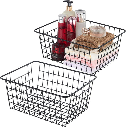 JUNCHU CHERRY【Extra Large】Wire Kitchen Storage Baskets 2 Packs,Perfect Pantry Organization Accessories Basket,Laundry Basket,Suitable for Countertop, Kitchen, Bedroom, Bathroom,Black