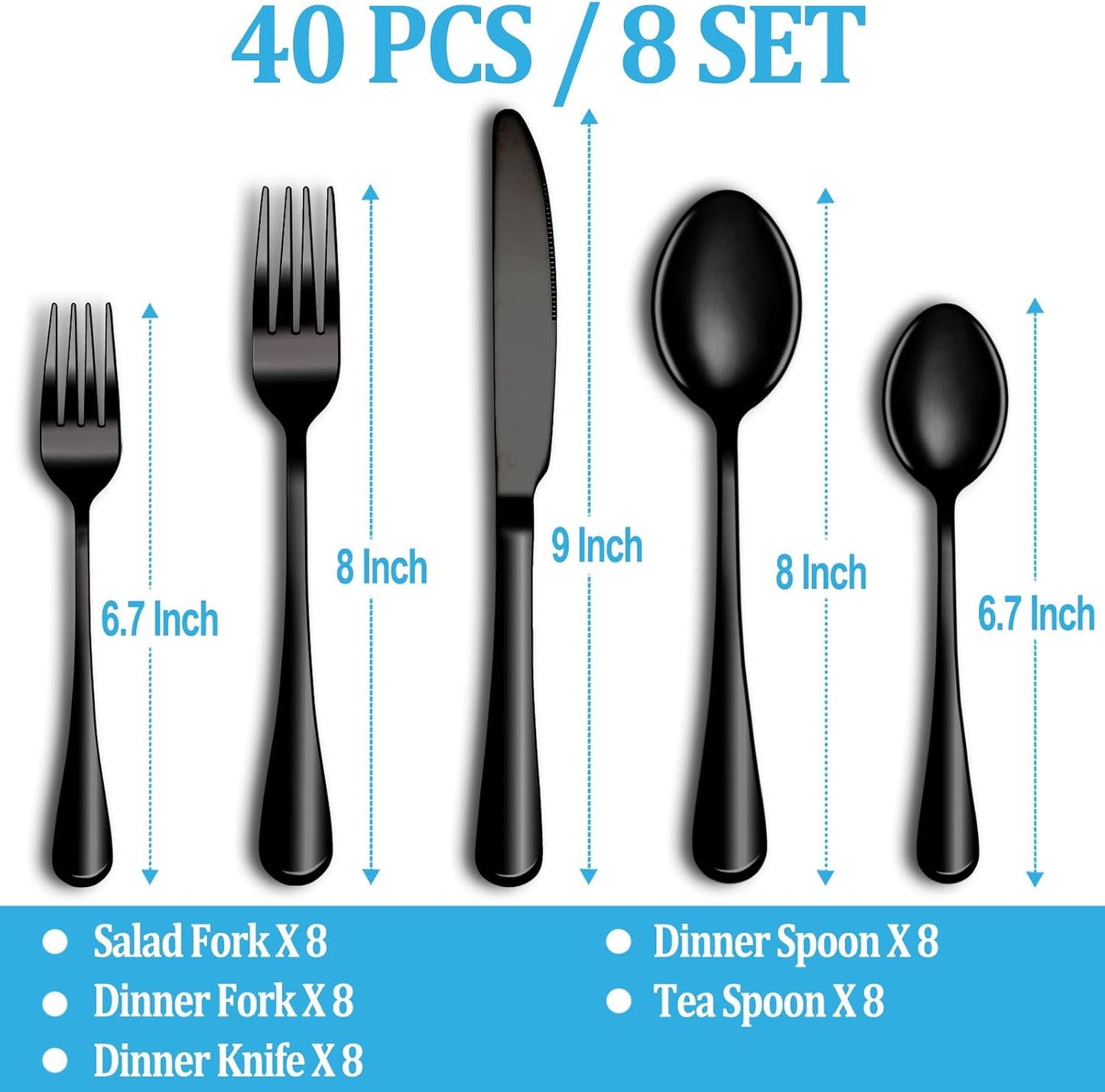 40 Pcs Black Silverware Set, Stainless Steel Flatware Set Service for 8, Mirror Polished Cutlery Utensil Set, Durable Home Kitchen Eating Tableware Set, Include Fork Knife Spoon Set, Dishwasher Safe