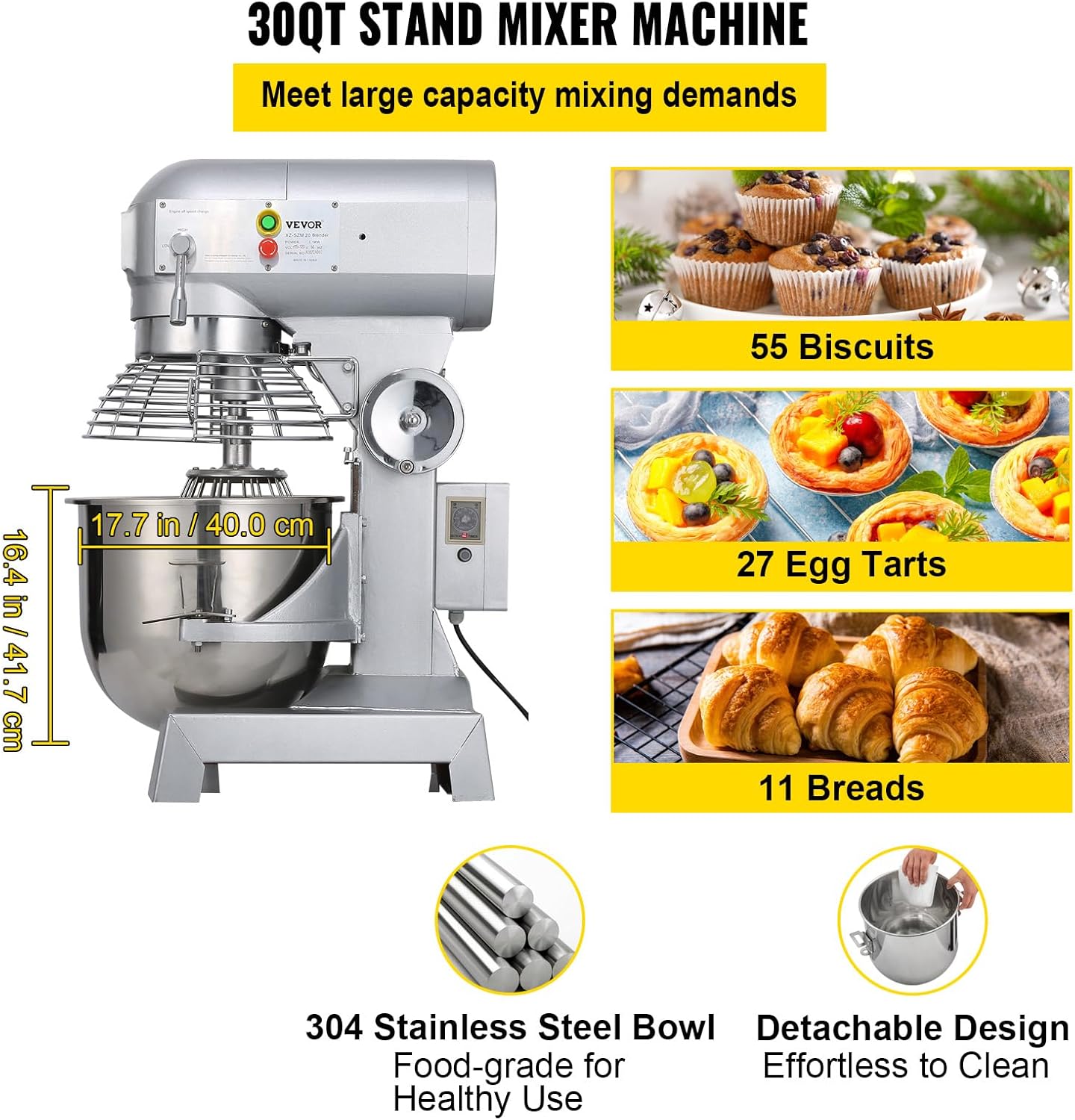 Happybuy 30Qt Commercial Food Mixer with Timing Function， Commercial Mixer 1250W Stainless Steel Bowl Heavy Duty Electric Food Mixer Commercial with 3 Speeds Adjustable, Perfect for Bakery Pizzeria