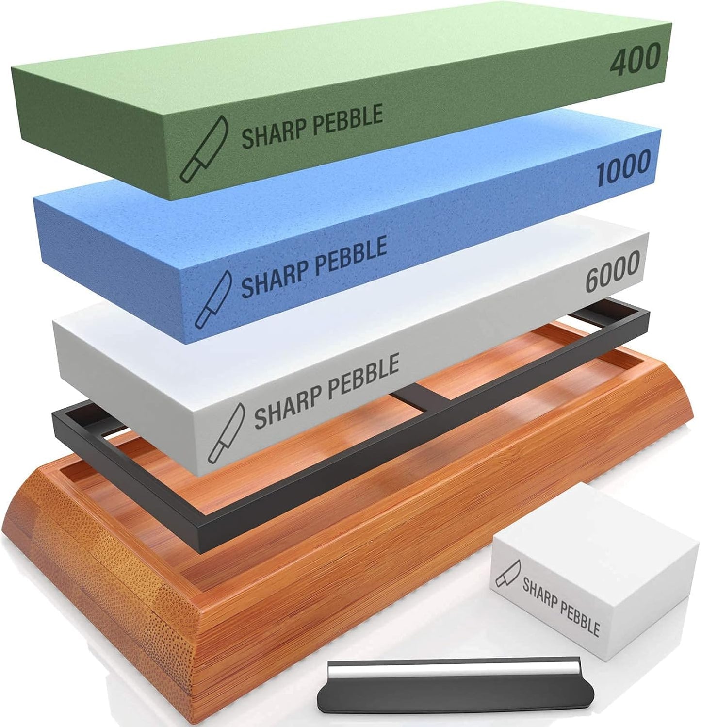 Sharp Pebble Extra Large Sharpening Stone Set - Whetstone Knife Sharpener Set - Grits 400/1000/6000 Waterstone, Flattening Stone & Angle Guide