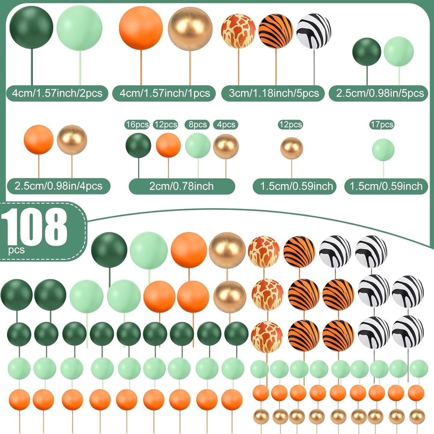 108 Pcs Balls Cake Topper DIY Cupcake Insert Foam Balloons for Cake Baking Wedding Anniversary Birthday Decoration(Leopard,Green,Orange,Gold,Multi Sizes)