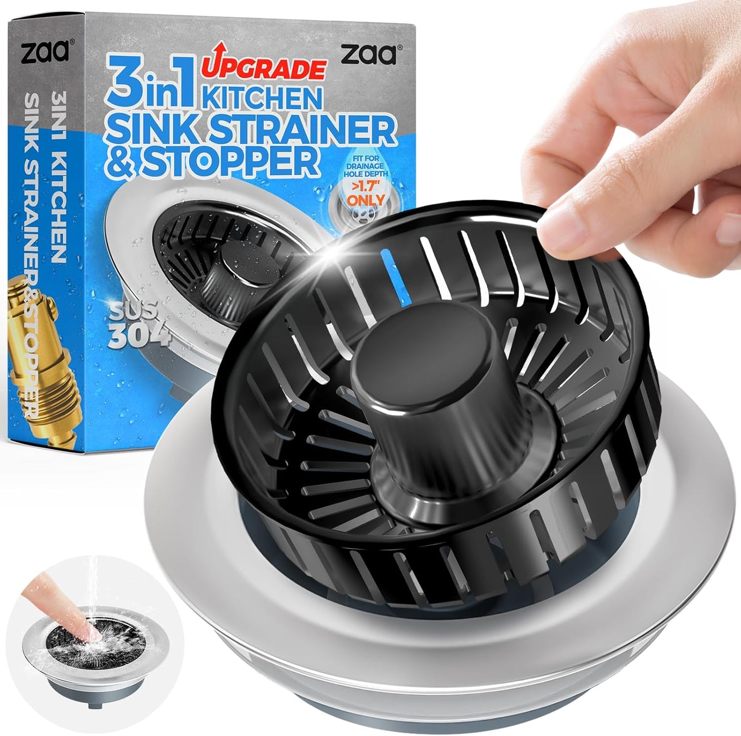 zaa Kitchen Sink Drain Strainer - Kitchen Sink Stopper, 304 Stainless Steel Sink Drain Stopper, Sink Protector for Kitchen with Anti-Clog Filter, Fit US Standard 3-1/2'' Sink Drain Hole, Black