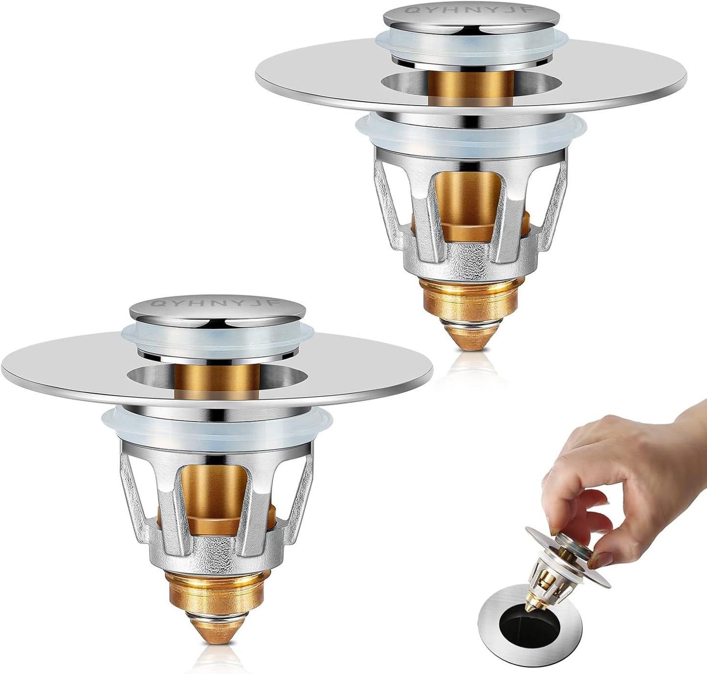 2Pcs Bathroom Sink Stoppers ，Pop Up Drain Stopper for Bathroom Sink，‎2-in-1 Sink Stopper & Strainer,Universal Wash Basin Sink Stopper，for 1.1"~1.5" Bathroom Sink Drain（Silver）