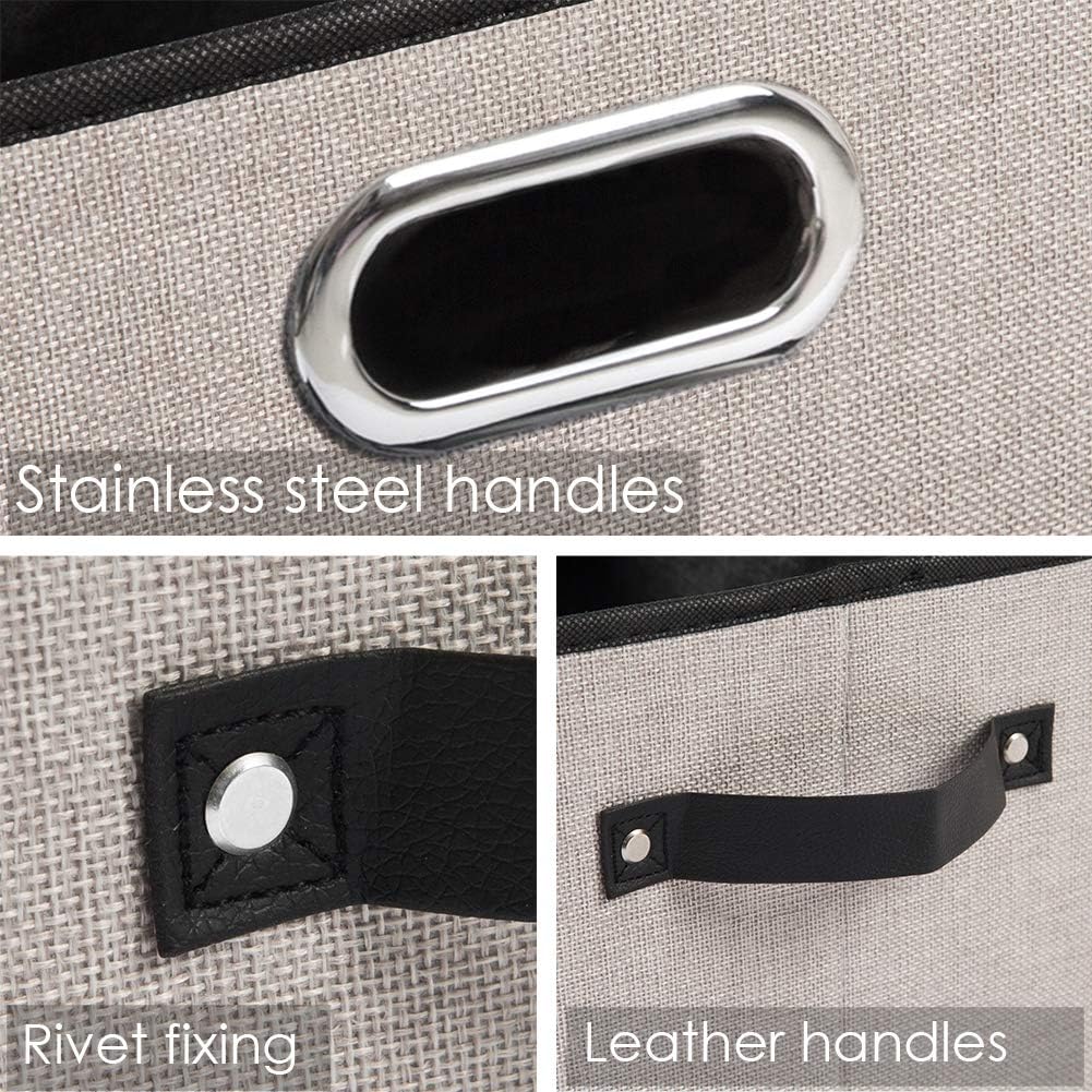 PRANDOM Fodable Storage Baskets for Closet [5-Pack] Decorative Fabric Storage Bins Cubes with Leather/Metal Handles for Shelves Bedroom Living Room Light Grey (11.5x8.5x6.7 Inch)