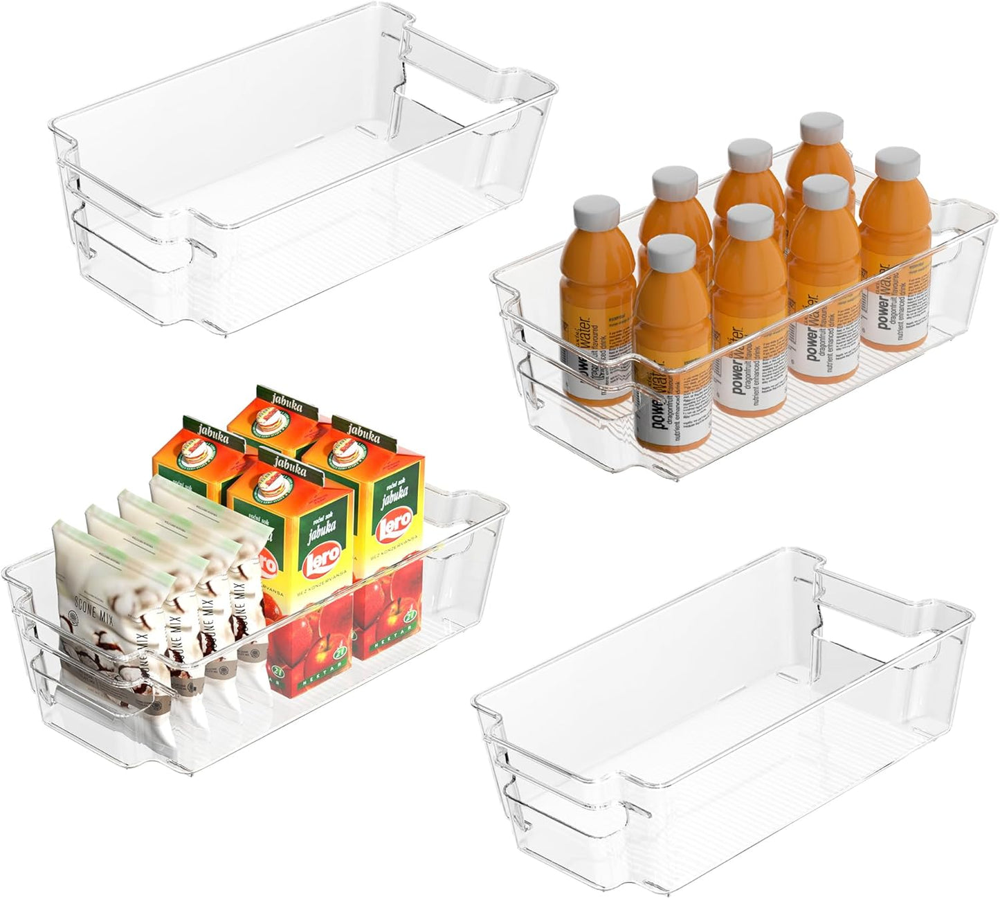 4 Pack Clear Refrigerator Storage Bins, Stackable Plastic Fridge Organizer Kitchen Pantry Storage Bins with Handles for Snacks, Freezer, Kitchen Cupboard, and Cabinet Organization
