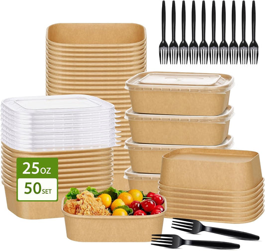DI QIU REN 50-Pack 25oz Paper Bowls, Disposable Food Containers with Lids and Forks, Rectangular Disposable Salad Bowls for Diet Salad, Pasta (kraft Paper Rectangular, 25oz 50 Count)