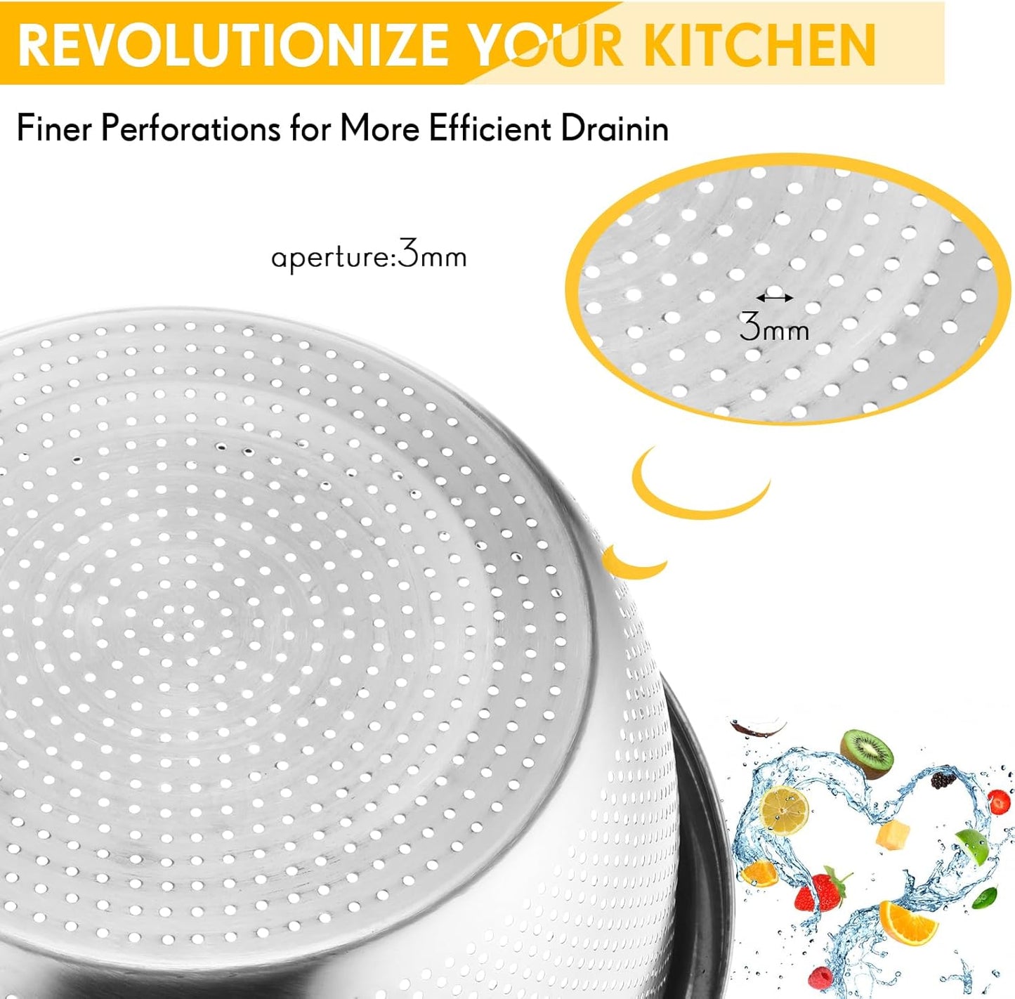 Uiifan 8 Pcs Stainless Steel Mixing Bowl with Stainless Steel Colander Rice Washing Colander Bowl Set Nesting Bowls for Washing Draining Storage(1.8/3.9/4.9/6.6 QT)