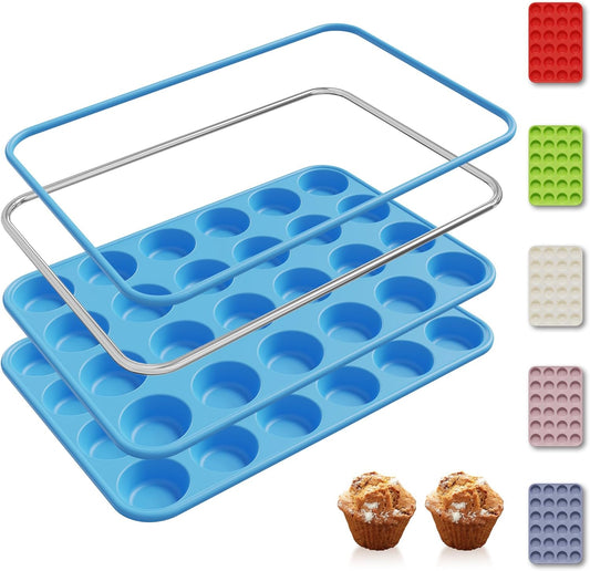 2 Pack 24 Cups Silicone Mini Muffin Pan with Metal Reinforced Frame Silicone Molds Cupcake Pans Tray Egg Bites Circle Cookie Molds Muffin Tin Tart Pans Baking Sheet Set for Breakfast Sandwiches