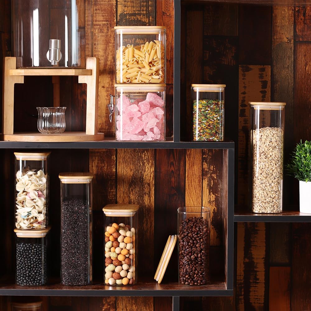 33OZ Airtight Glass Food Storage Containers with Lids - Set of 6 for Pantry, Cereal, Flour & Rice Dispensing - Rectangle Shapes with Bamboo Lids - Ideal for Kitchen Organization & Meal Prep