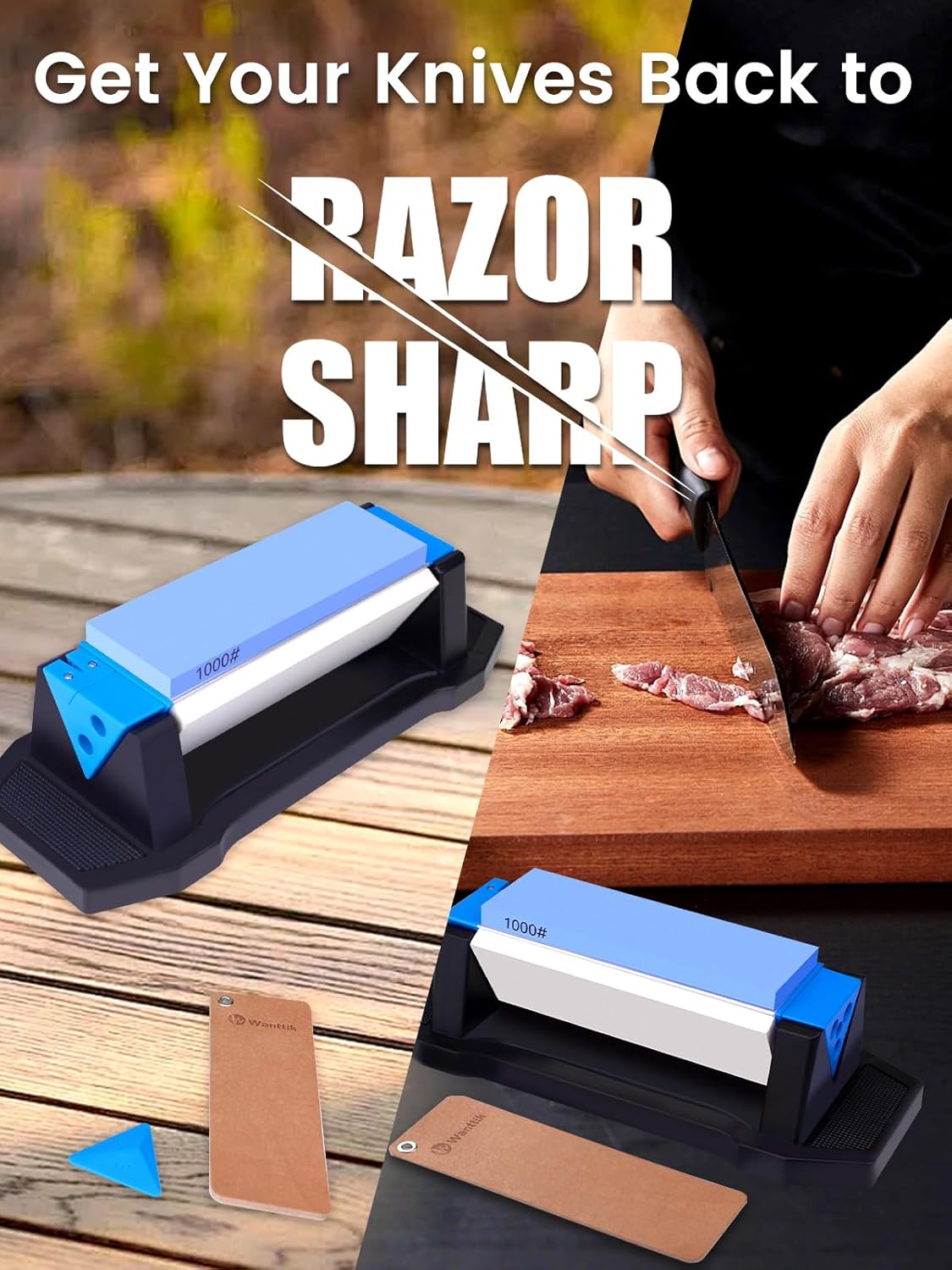 Whetstone Sharpening Stone Kit, Premium 3 Side Grit 400/1000/5000 Knife Sharpener for Sharp Blade, with Non-Slip Base, Angle Guide & Leather Strop