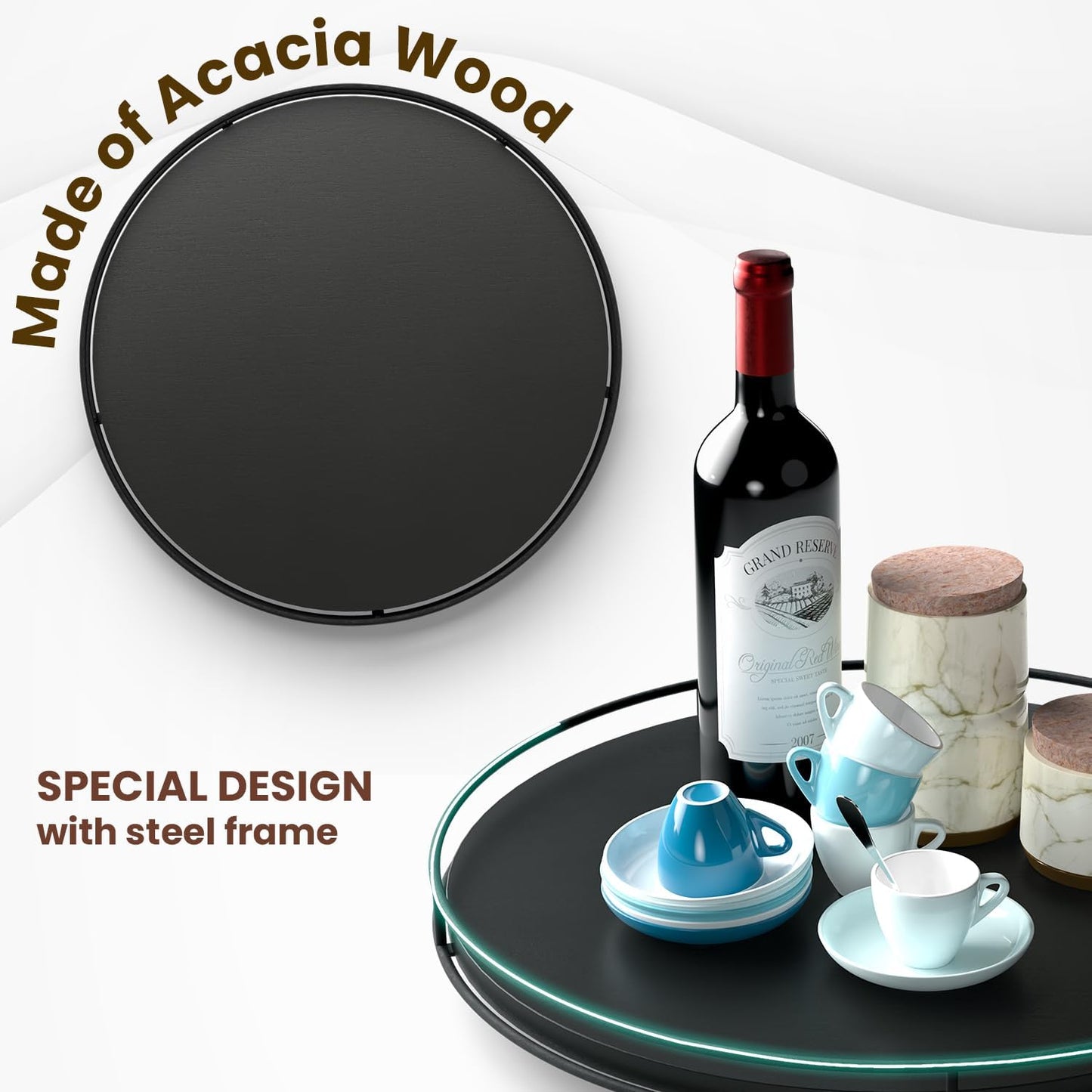 18" Acacia Wood Lazy Susan Turntable with Metal Frame for Table Top - Large Black Rotating Organizer Countertop Storage - Wooden Serving Tray for Charcuterie Cheese Board - Kitchen Counter