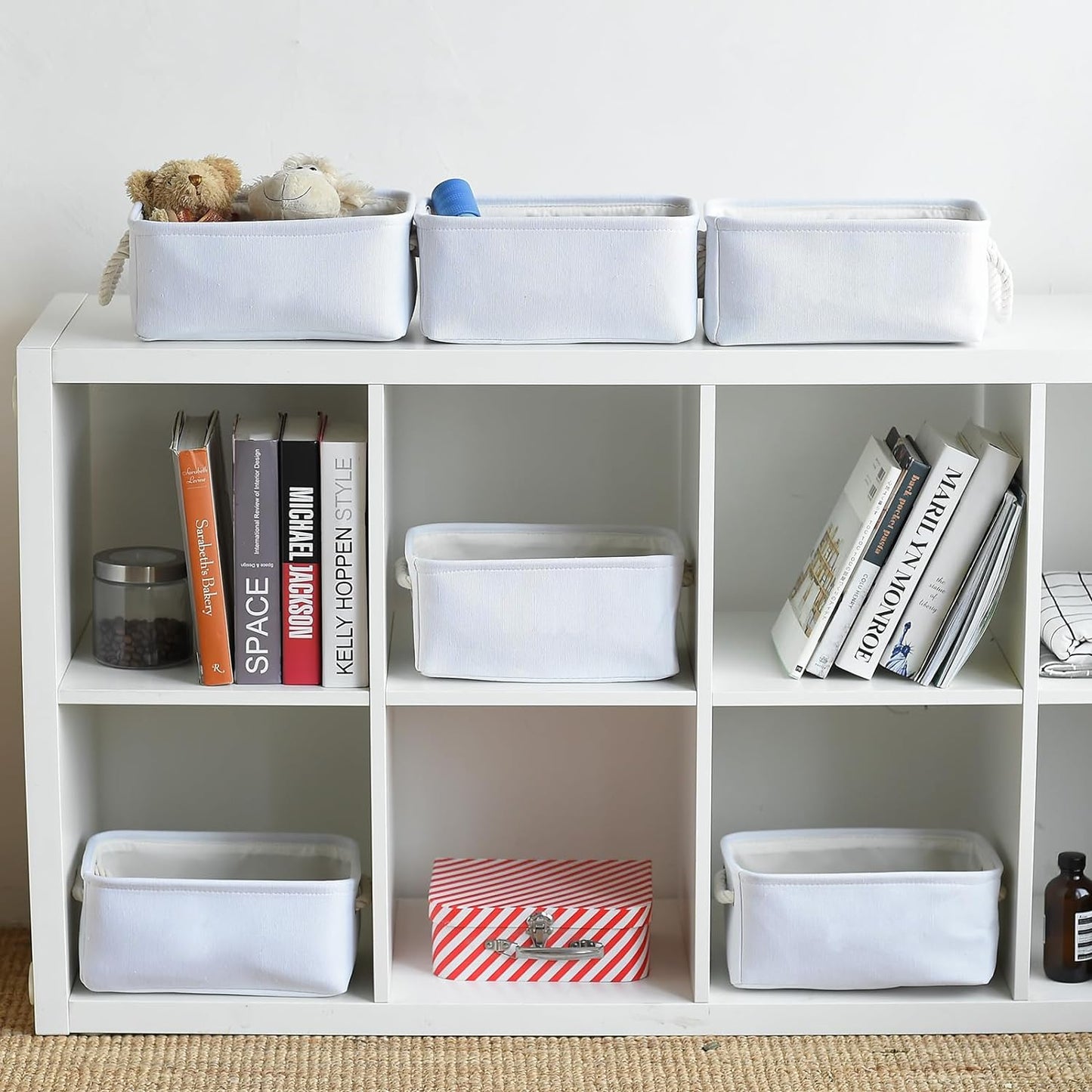 TheWarmHome Storage Basket for Organizing - Small 6 Pack 11.8x7.8x5.2 inch Gifts for Empty with Rope, Fabric Storage Cubes for Decorative Cloth Dog Livehome (White)