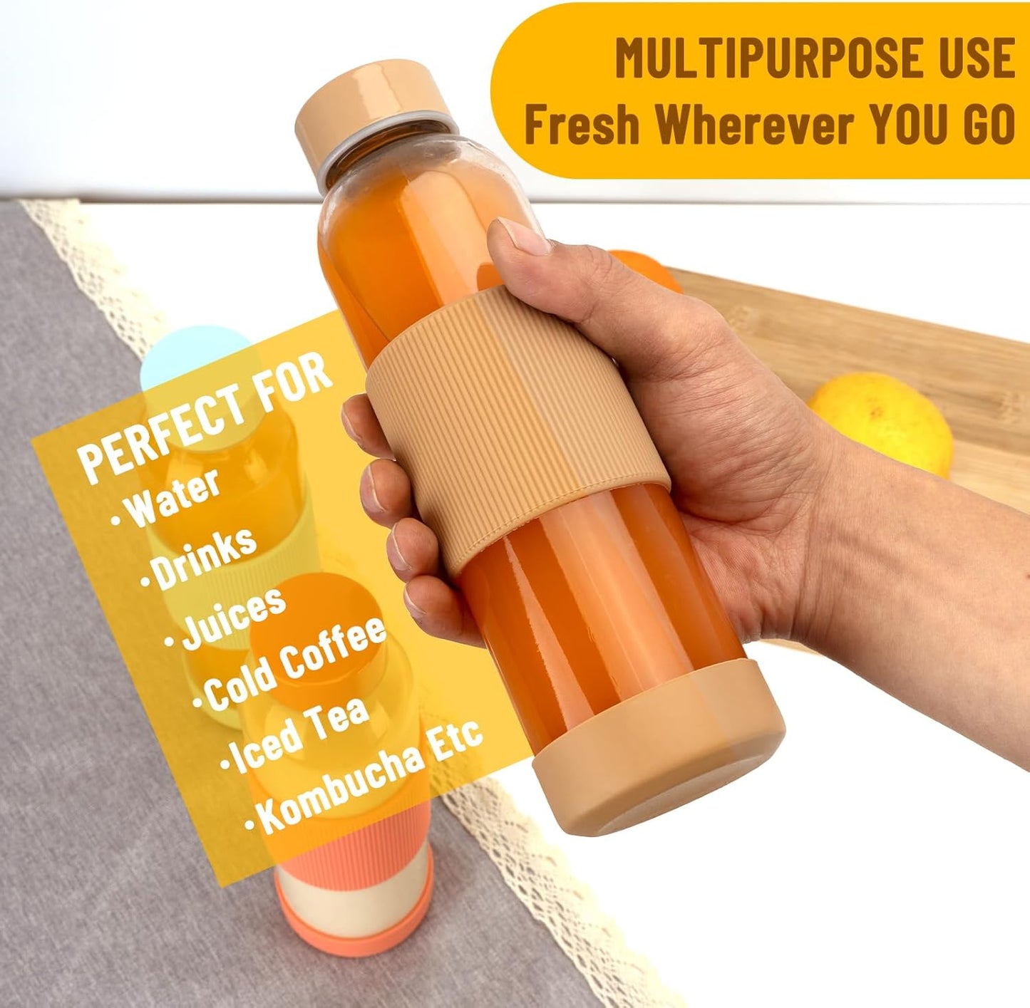 18 oz Glass Juice Bottles with Lids and Silicone Sleeve, Reusable Glass Water Bottles with Stainless Steel Cap for Juicing, Refrigerator,100% Leak Proof, BPA Free, Set of 6