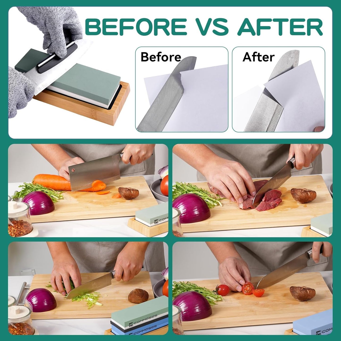 Whetstone Sharpening Stone Knife Sharpener Stone Set: 4 Side 8000|3000 1000|400 in Kitchen With Bamboo Base,Cut Resistant Gloves,Angle Guide,Honing Guide,Flattening Stone,Leather Strop,Rubber pad