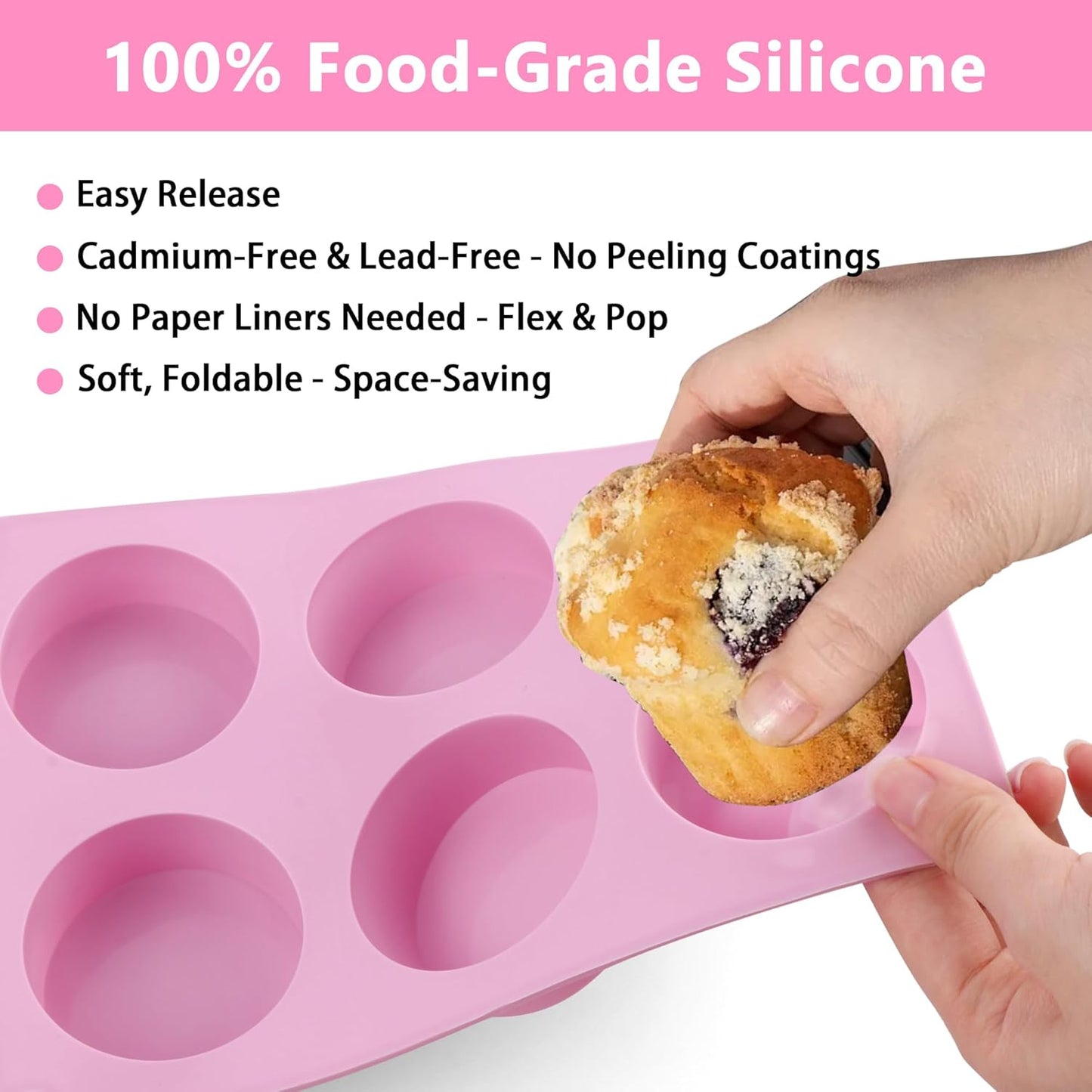 3-Pack Jumbo 6-Cup Silicone Muffin Pan Silicone Muffin Pan - Non-Stick Baking Mold for Cupcakes, Cornbread, Eggs - Pink