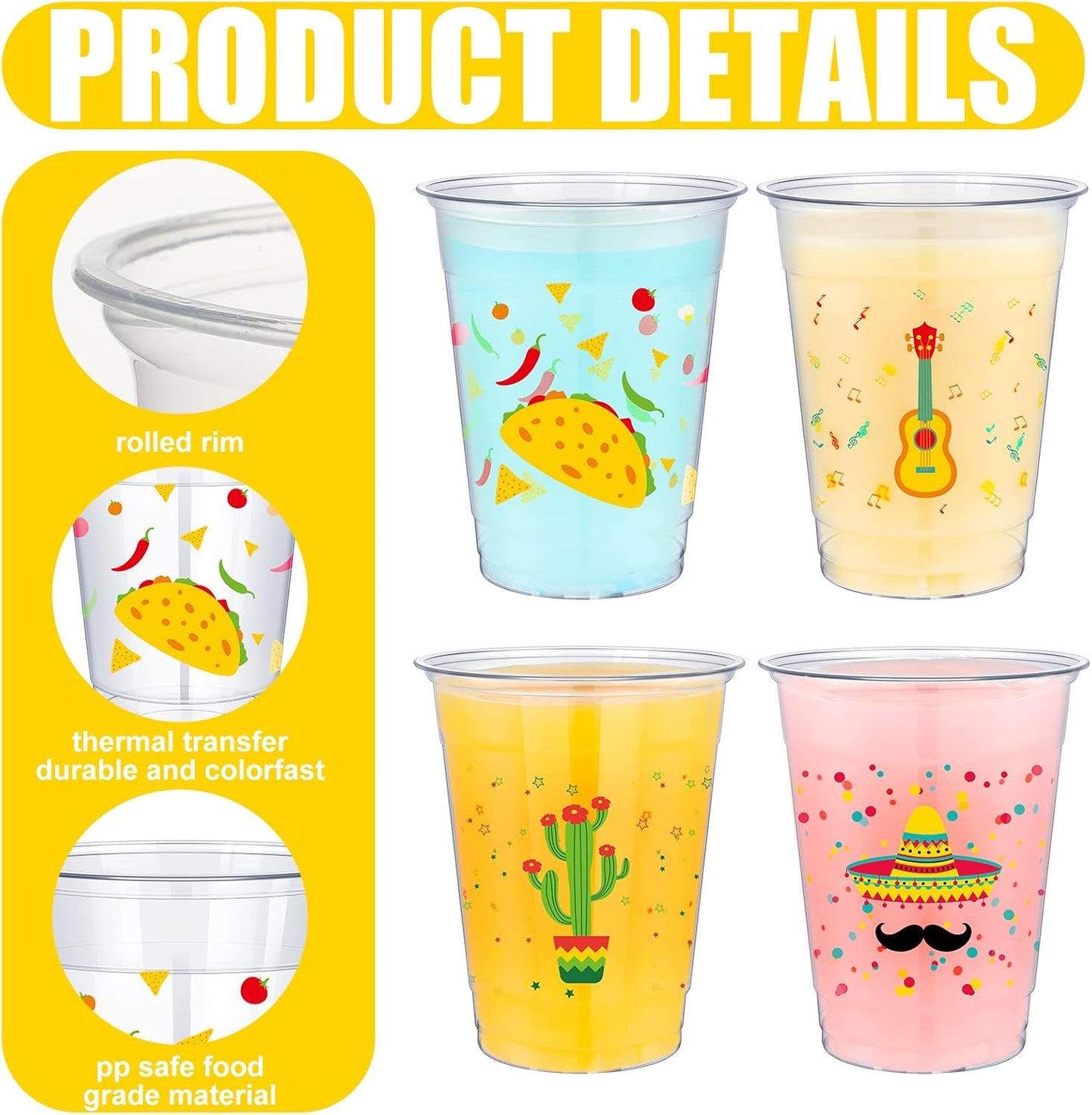 meekoo 200 Pack 12 oz Fiesta Cups Plastic Mexican Cups Clear Disposable Mug Cinco De Mayo Party Decorations for Fiesta Taco Birthday Party Drinkware Supplies, 4 Styles