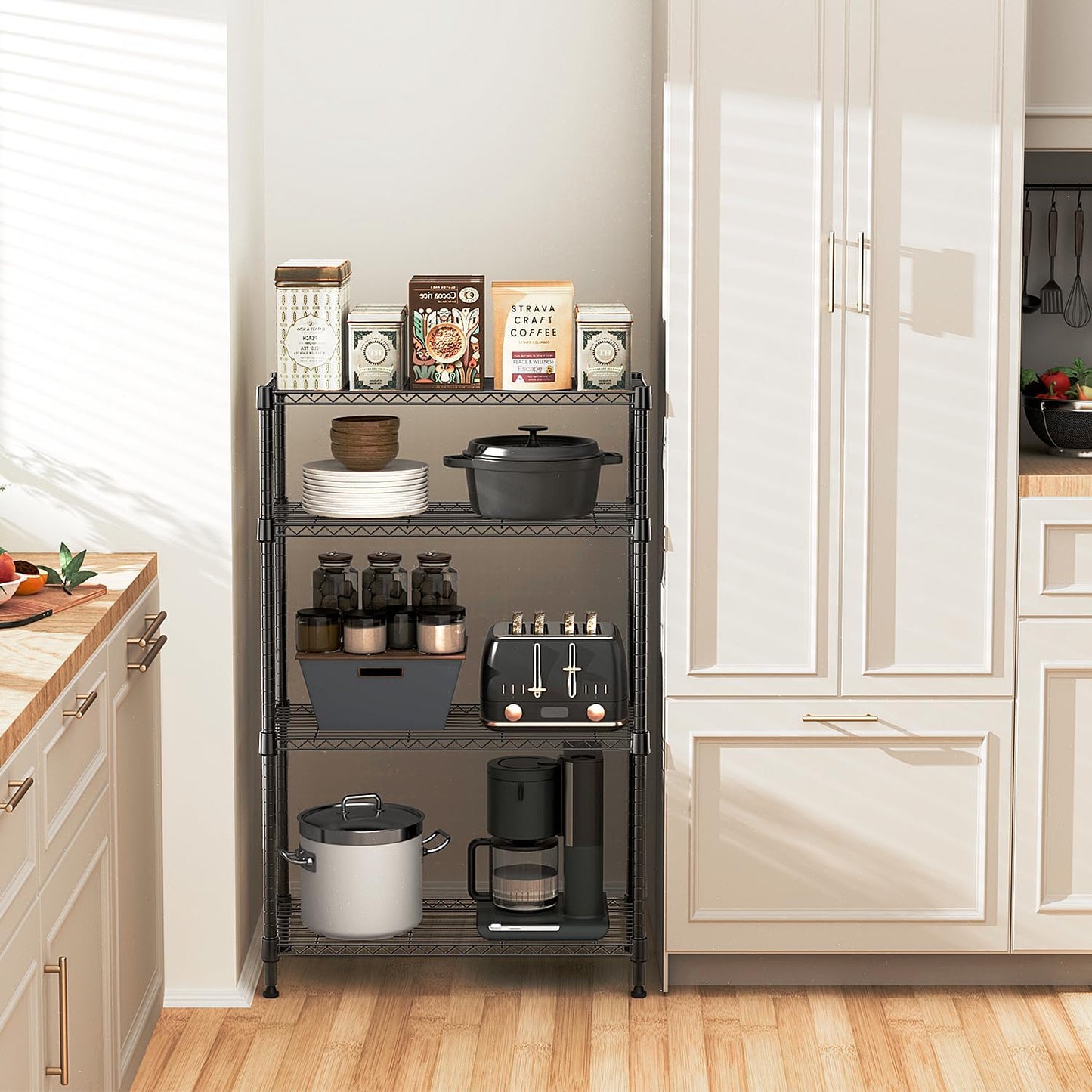 1400 lbs 4 Tier Storage Rack Metal Wire Shelving Unit, Storage Standing Household Shelf Organizer for Kitchen Pantry Closet Garage Basement Utility Room, Black 15.8" D x 45.3" W x 59.4" H